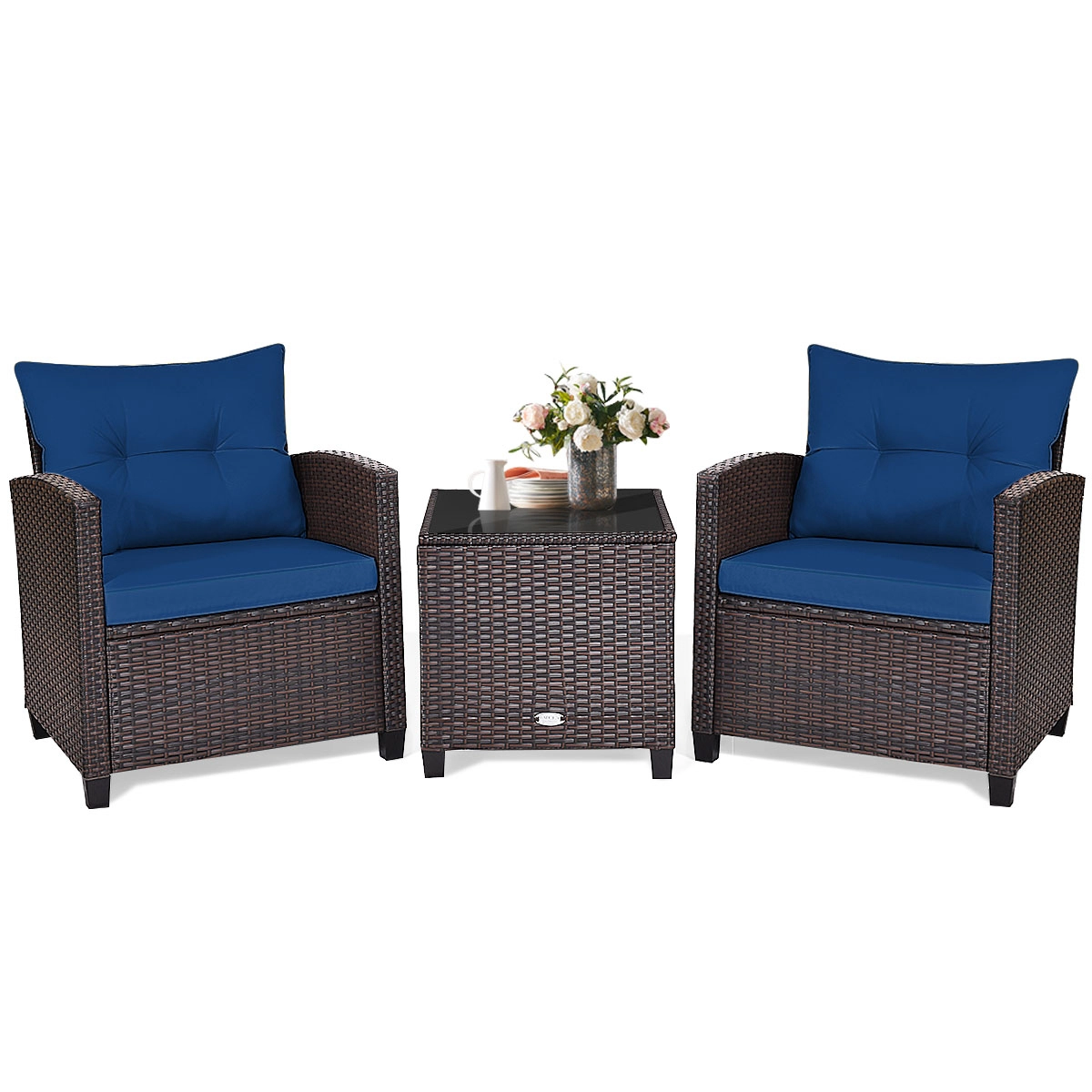 SUGIFT 3-Piece Navy Rattan Patio Conversation Set with Steel Frame, Glass Table and 4 Cushions