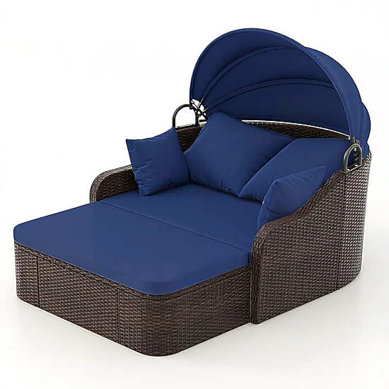 SUGIFT 73-Inch Navy Rattan Patio Daybed with Retractable Canopy, 795-Lb Capacity