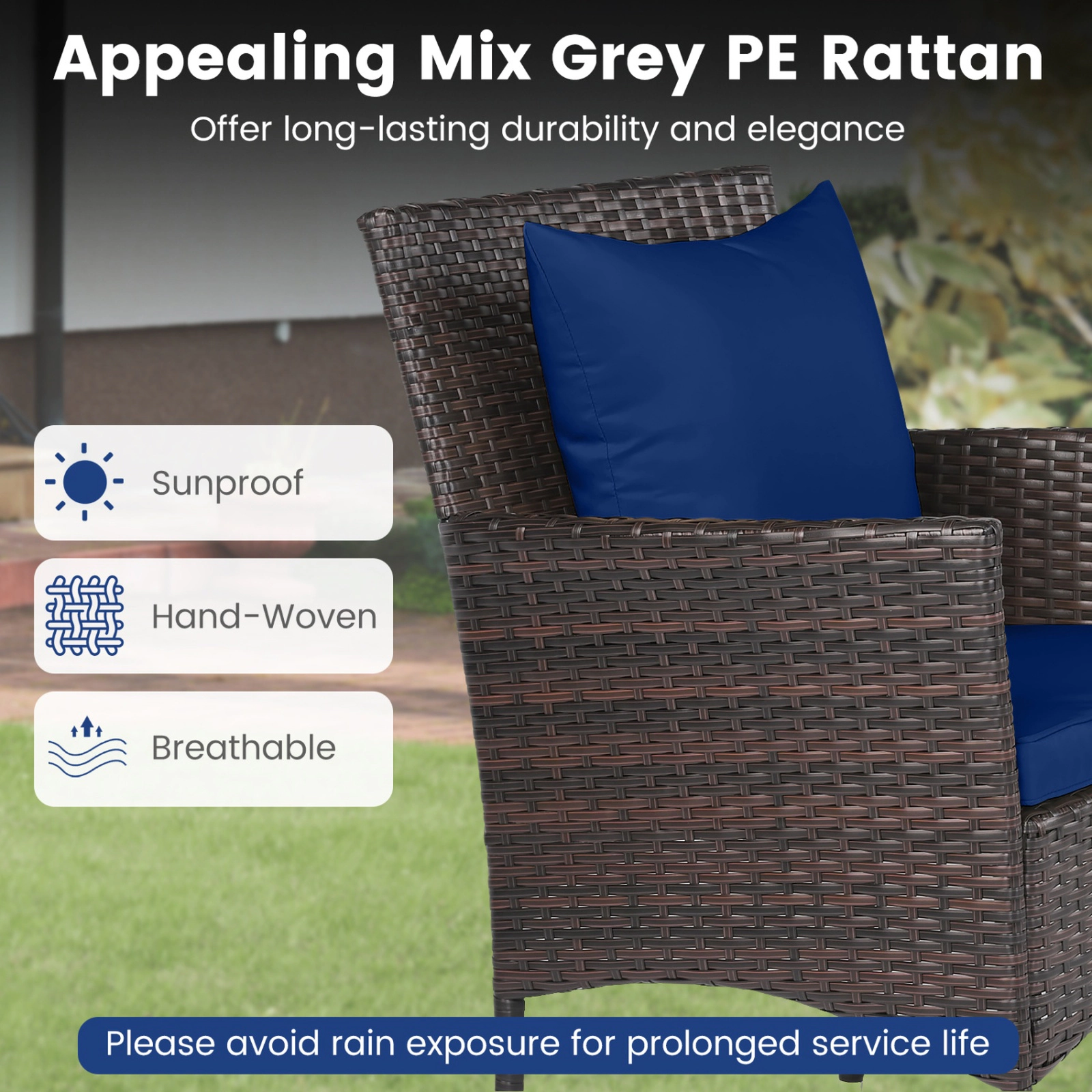 SUGIFT 3-Piece Navy Outdoor Wicker Bistro Set with Cushioned Chairs and 2-Tier Glass Table