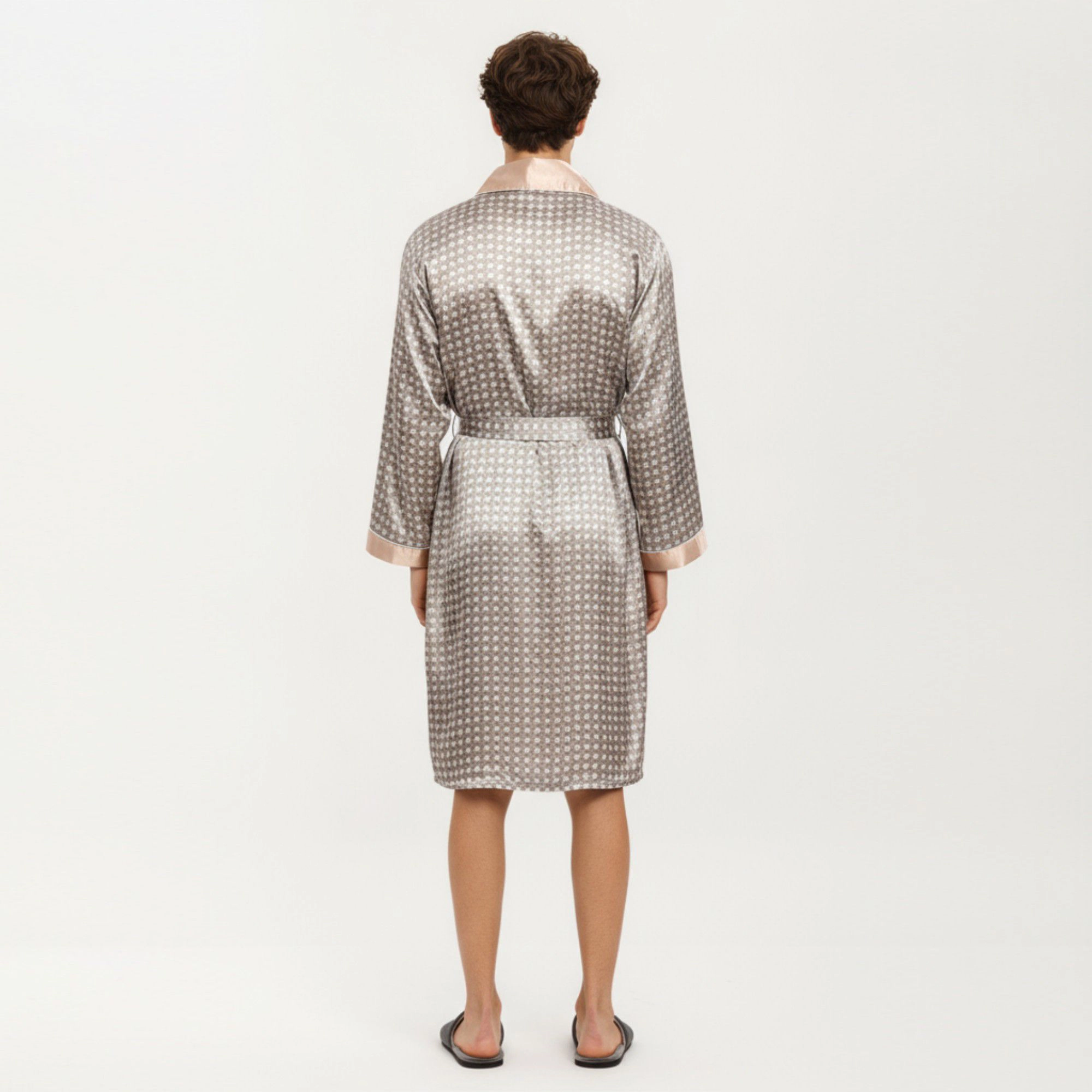 Anna-Kaci Men's Satin Robe with Geometric Print Contrast Shawl Collar and Waist Tie