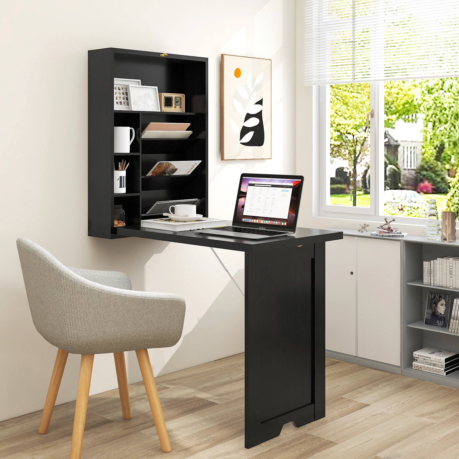 Costway Wall Mounted Computer Convertible Desk Floating w/ Storage Bookcases White