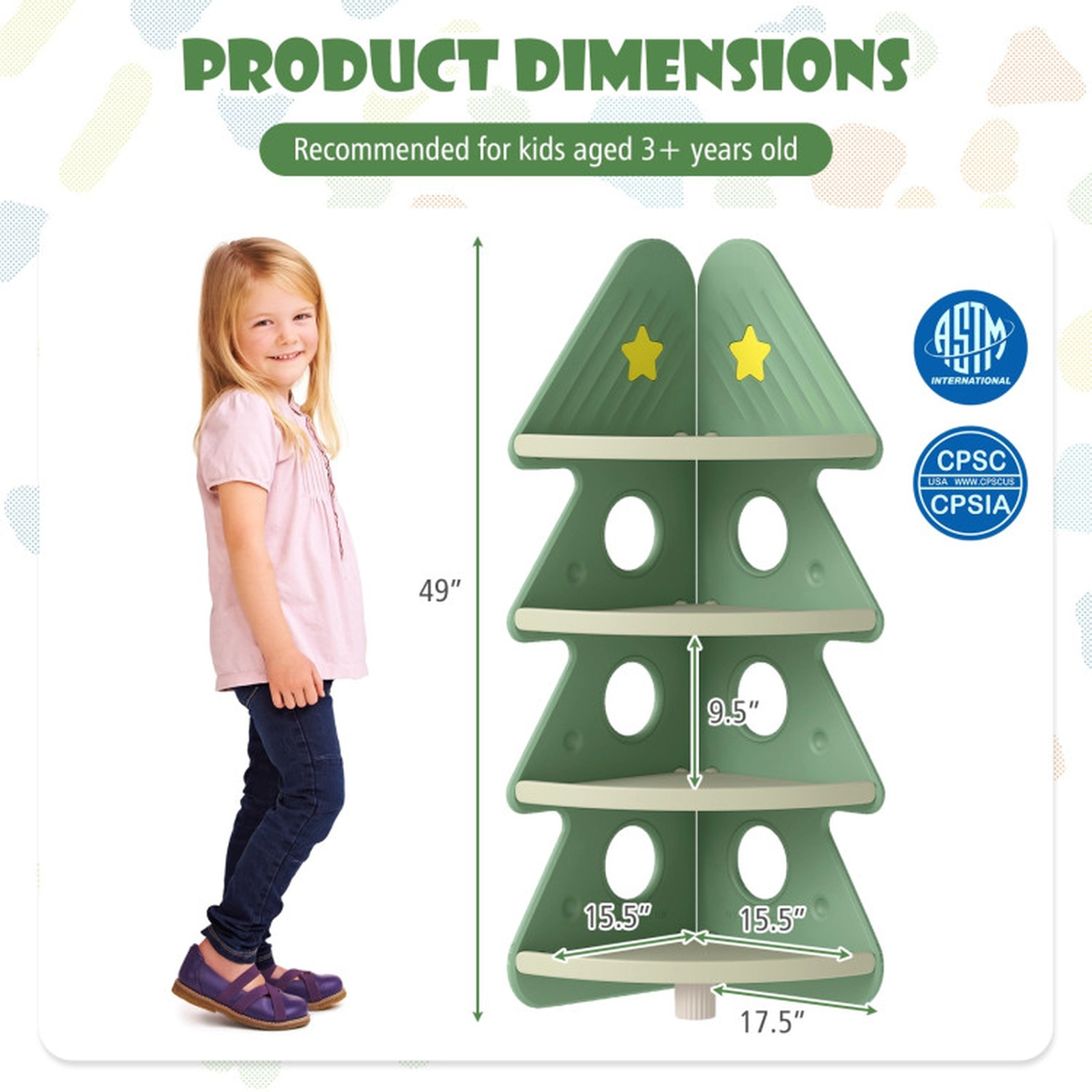 SUGIFT 4-Tier Corner Kids Toy Organizer Bookshelf with Anti-Falling Guardrails 49-in Tall Ages 3+ Green