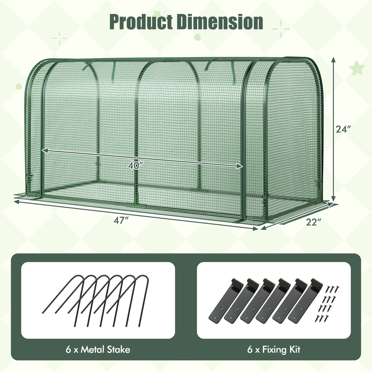 SUGIFT Mini Tunnel Greenhouse Roll-Up Zipper Door PE Cover Metal Frame Ground Stakes 47 x 22 x 24-in Green/White