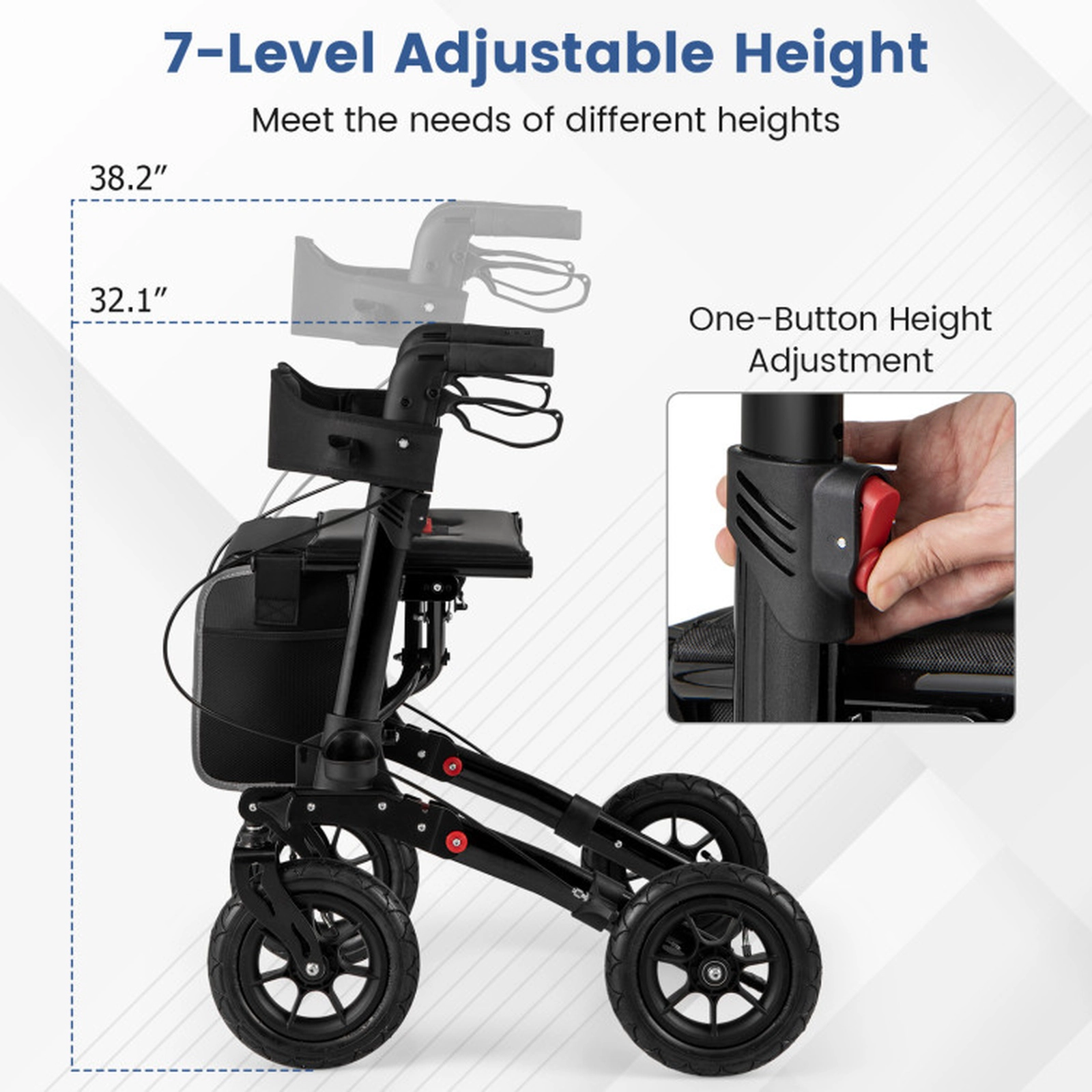 SUGIFT All-Terrain Folding Rollator Walker with Seat, Pneumatic Tires, 7 Handle Heights, 308-lb Capacity