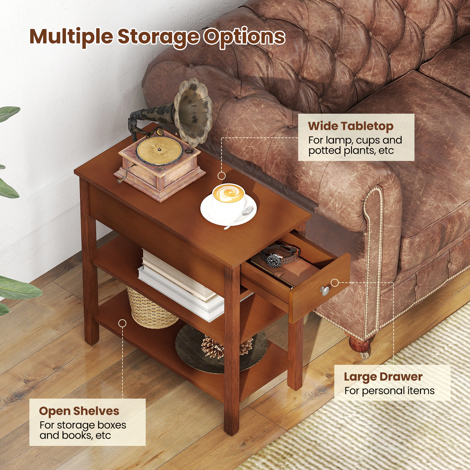 SUGIFT 3-Tier Narrow End Tables with Drawer and Storage Shelves Set of 2 210-lb Total Capacity Brown/Walnut