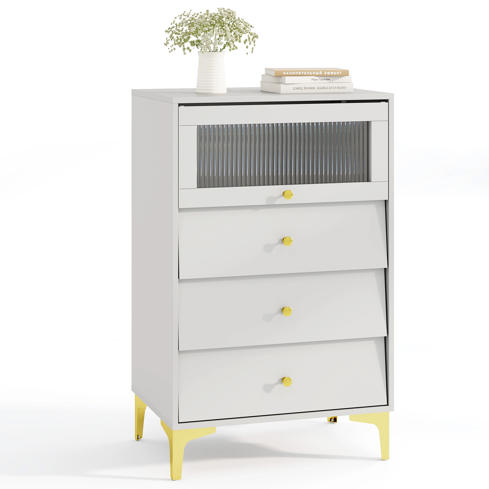 Slickblue Storage Cabinet with Fluted Glass Door and Three Pull Out Drawers