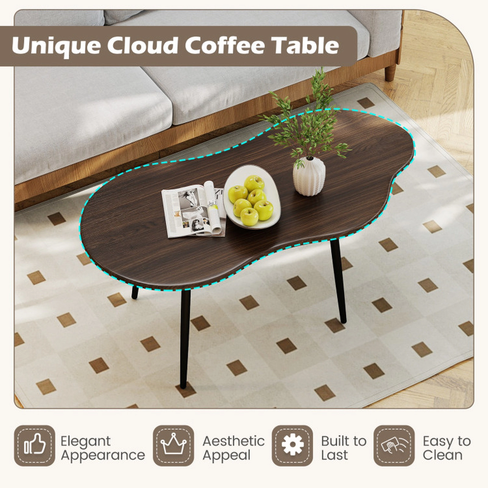 SUGIFT Cloud Shape Irregular Coffee Table 110-lb Capacity Walnut