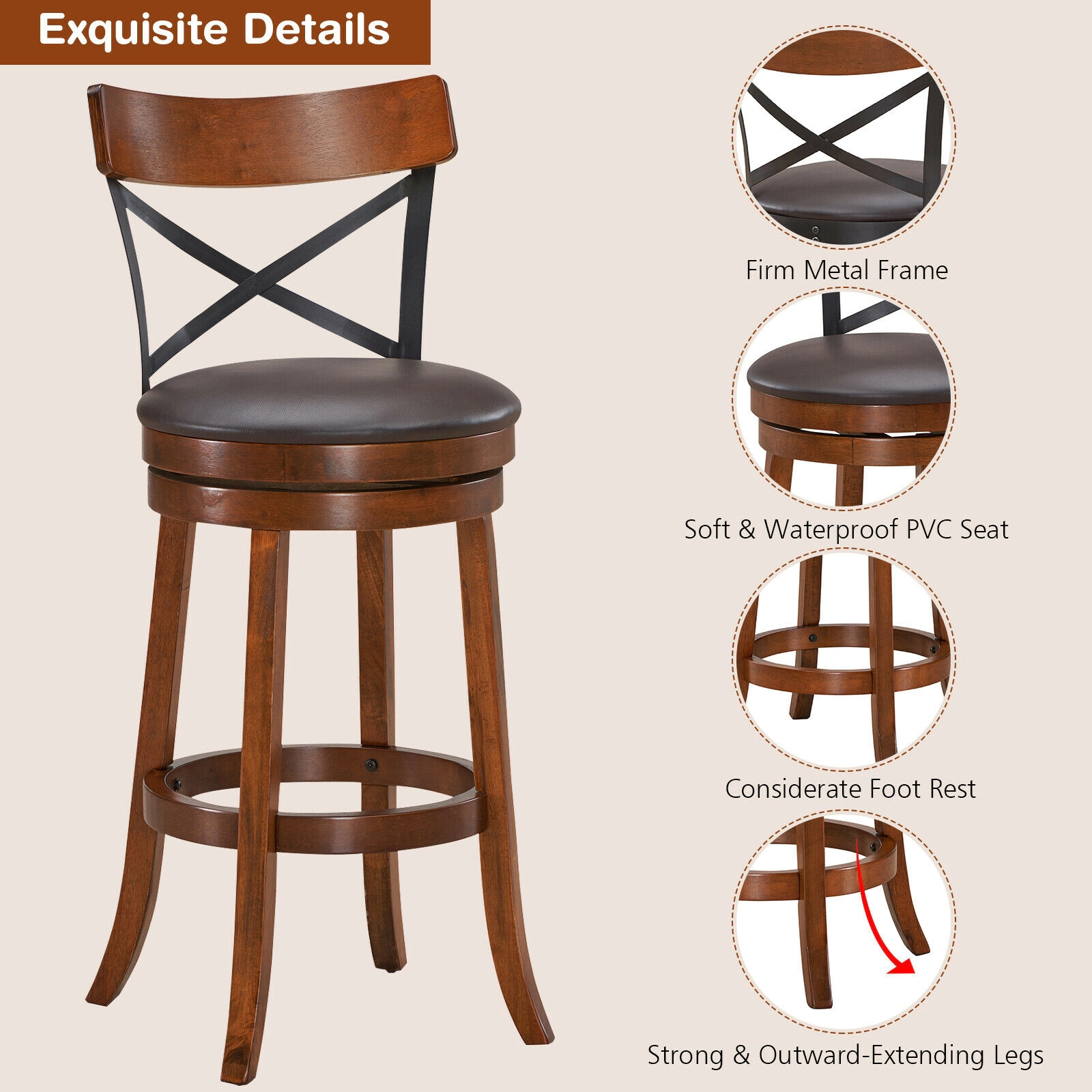 SUGIFT 360-Degree Swivel Bar Stools with Curved Backrest 264-lb Capacity Walnut Black Brown
