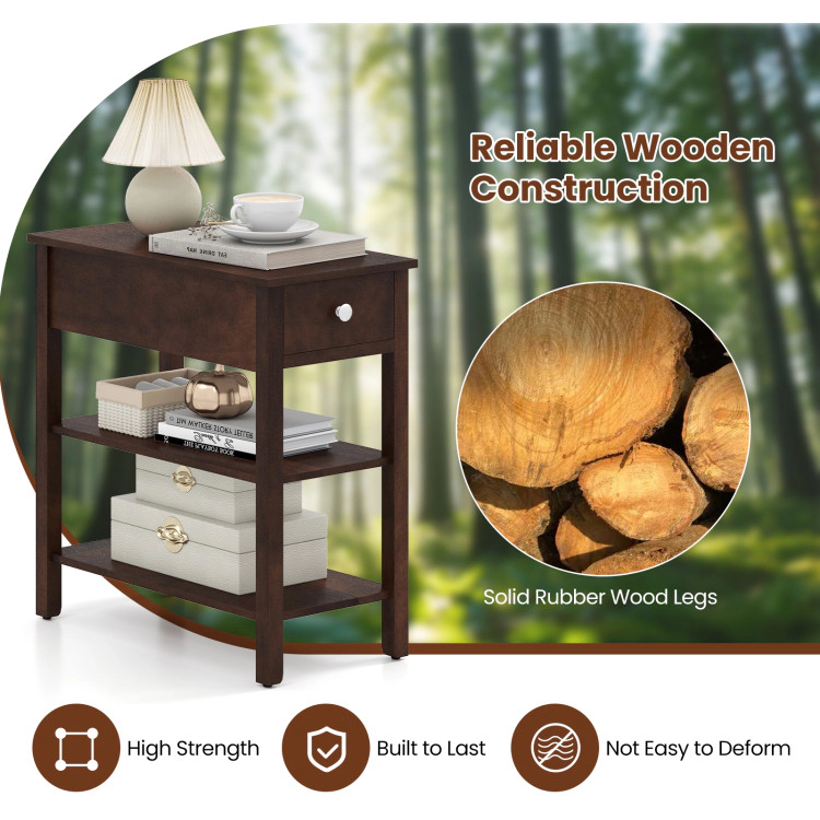 Hivvago 3-Tier Narrow End Table With Drawer And Storage Shelves