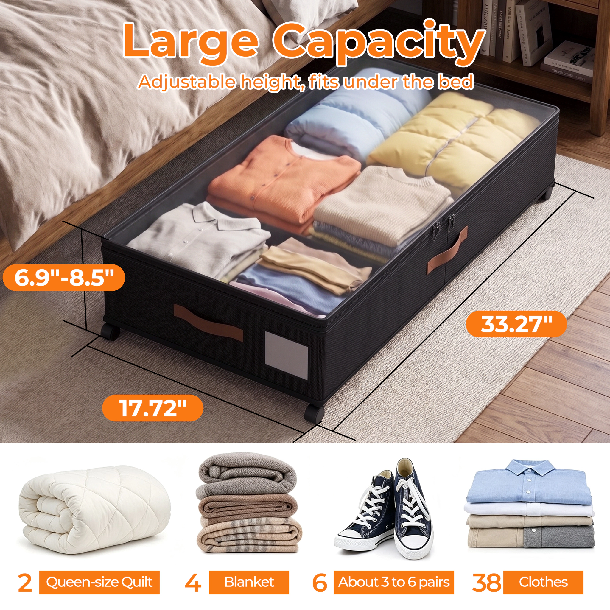 Mega Casa Underbed Storage Containers with Wheels, Fabric Under Bed Toy Organizer with Clear Lid, 2-Pack