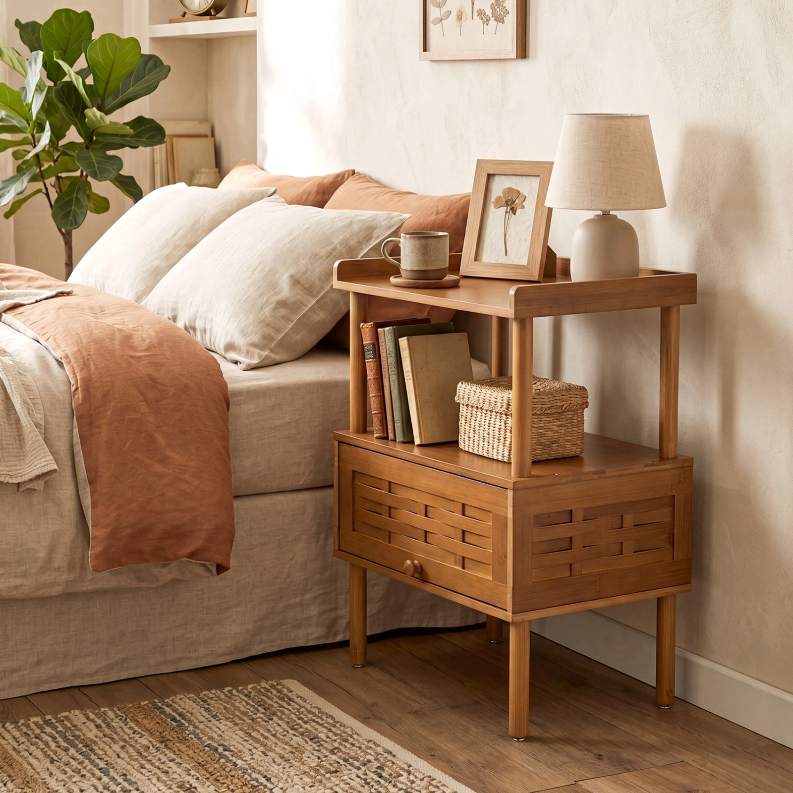 SUGIFT Bamboo Rattan Nightstand with Raised Edge Flip-Up Door and Open Shelf 44-lb Countertop Capacity Walnut