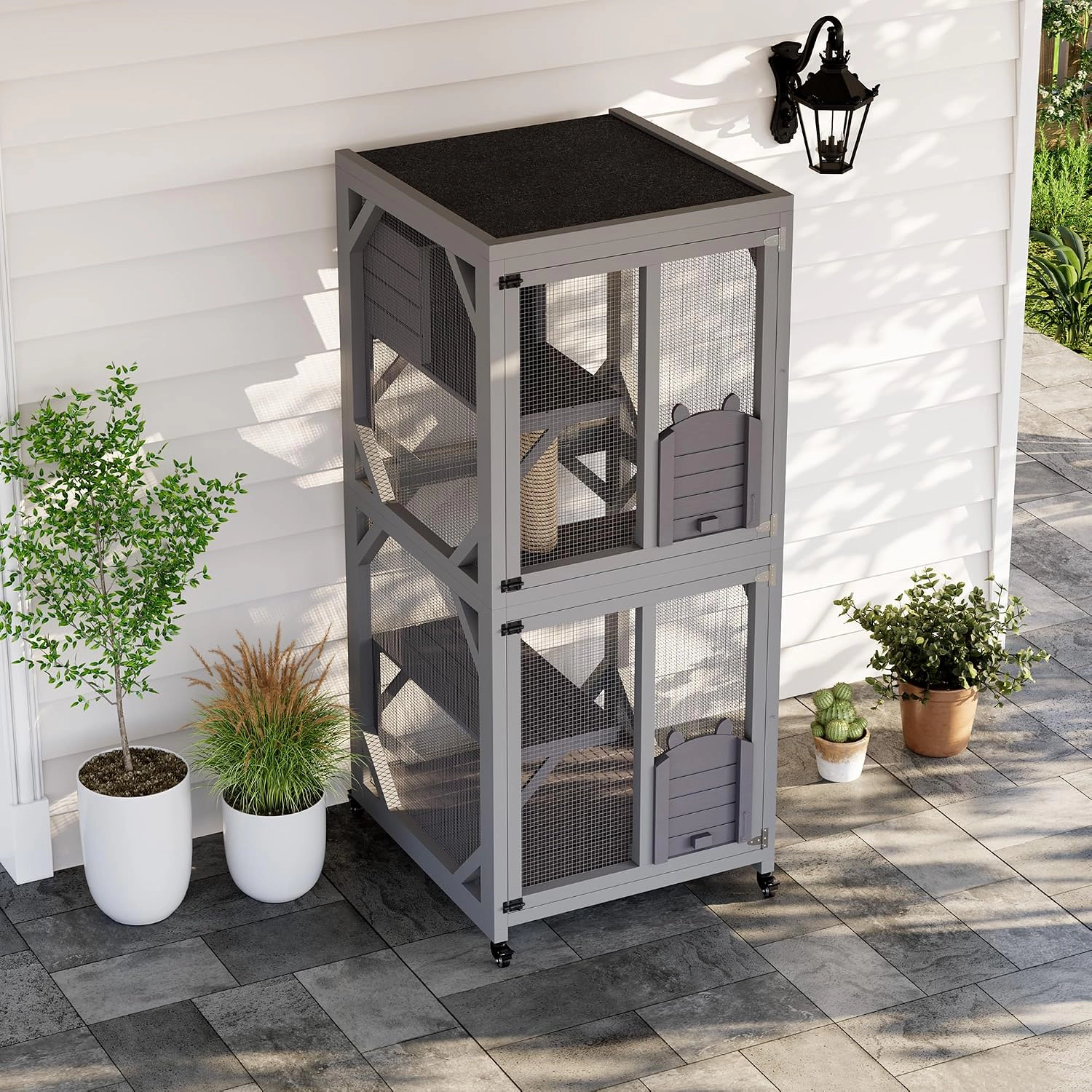 Wooden Outdoor Catio Cat Enclosure, Weather-Resistant Cat House with Scratching Post & Mesh Panels