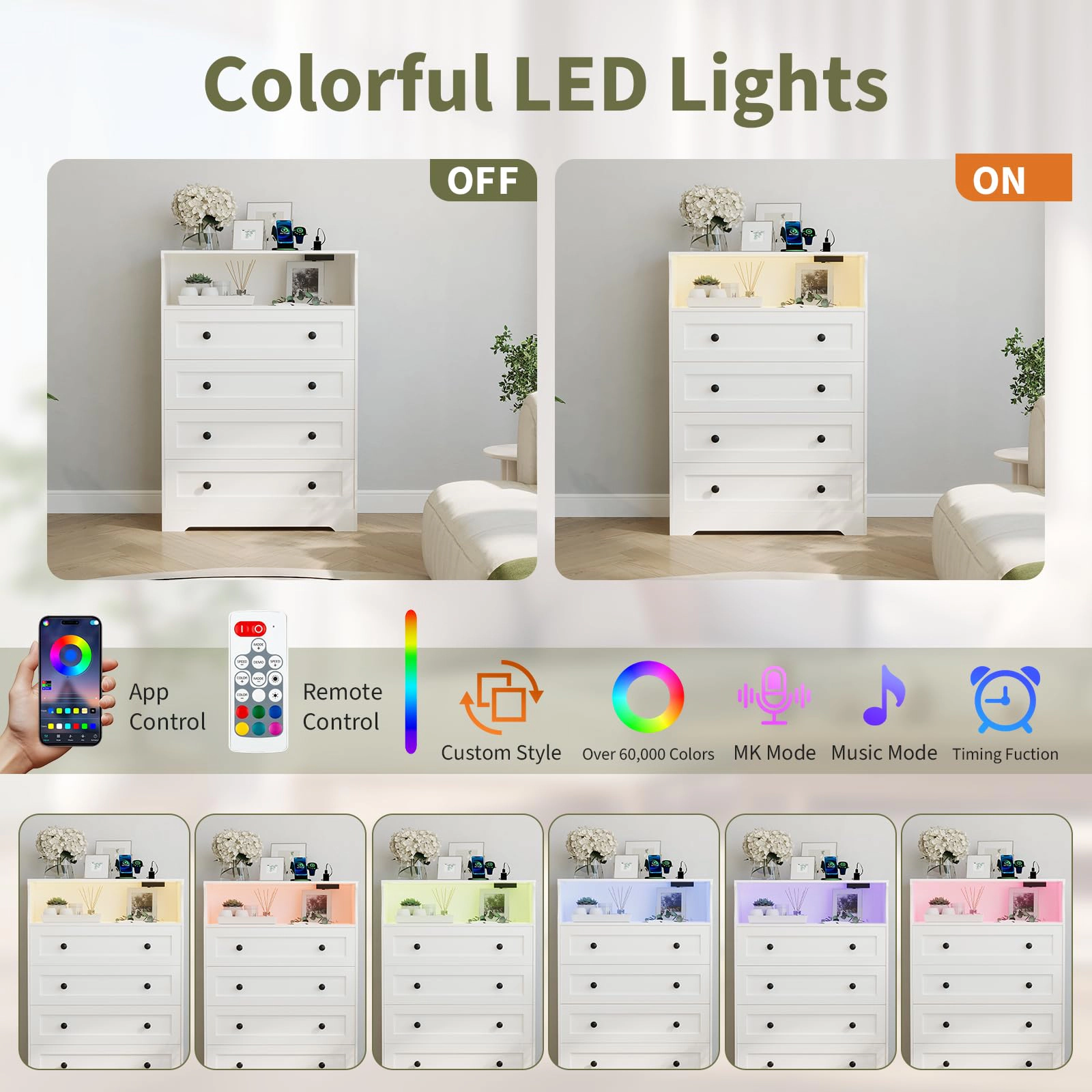 45.2" Tall 4 Drawer Dresser with LED Shelf & Charging Station, Wood Storage Chest