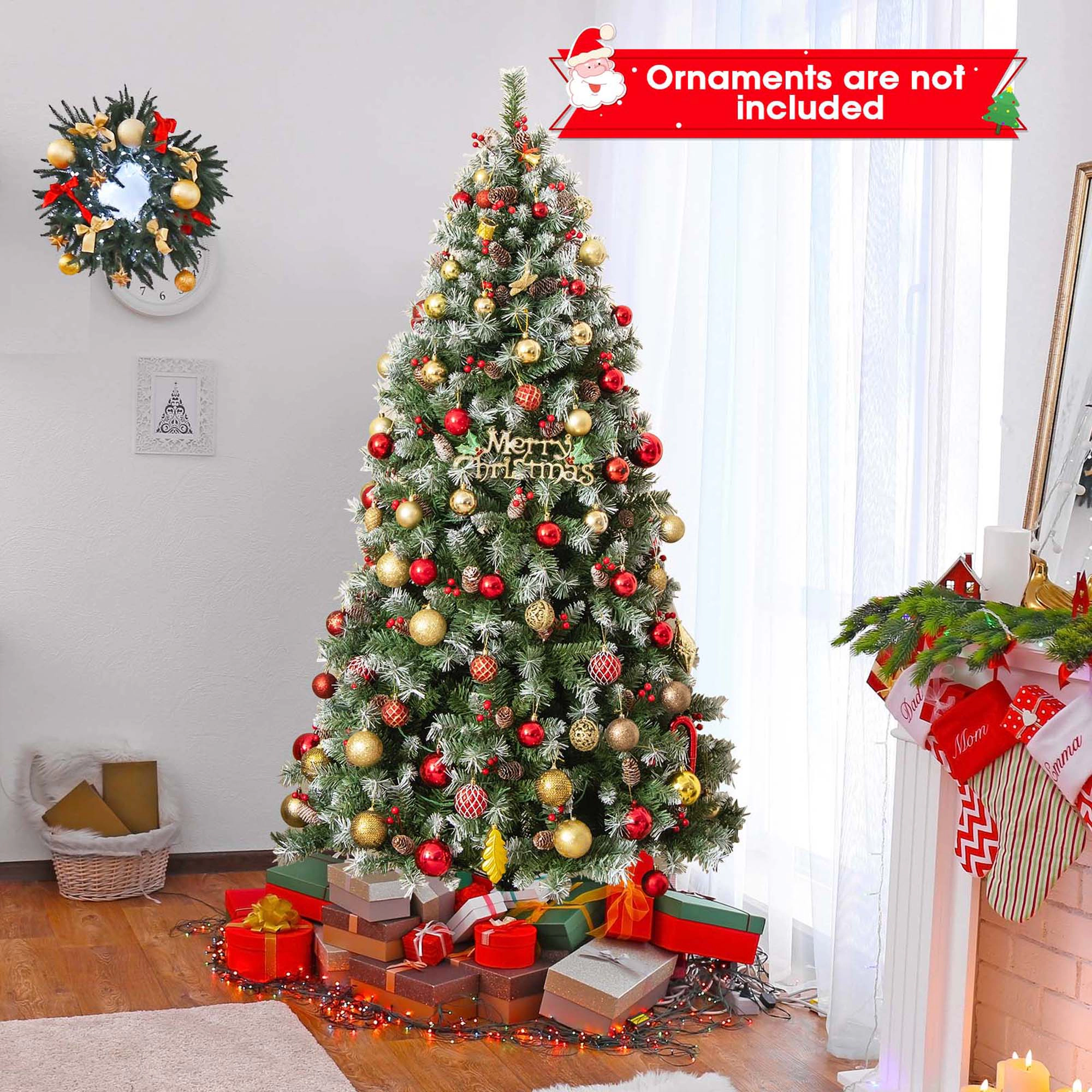 Costway 9 FT Artificial Christmas Tree Hinged with 650 Warm LED Lights & 309 Red Berries