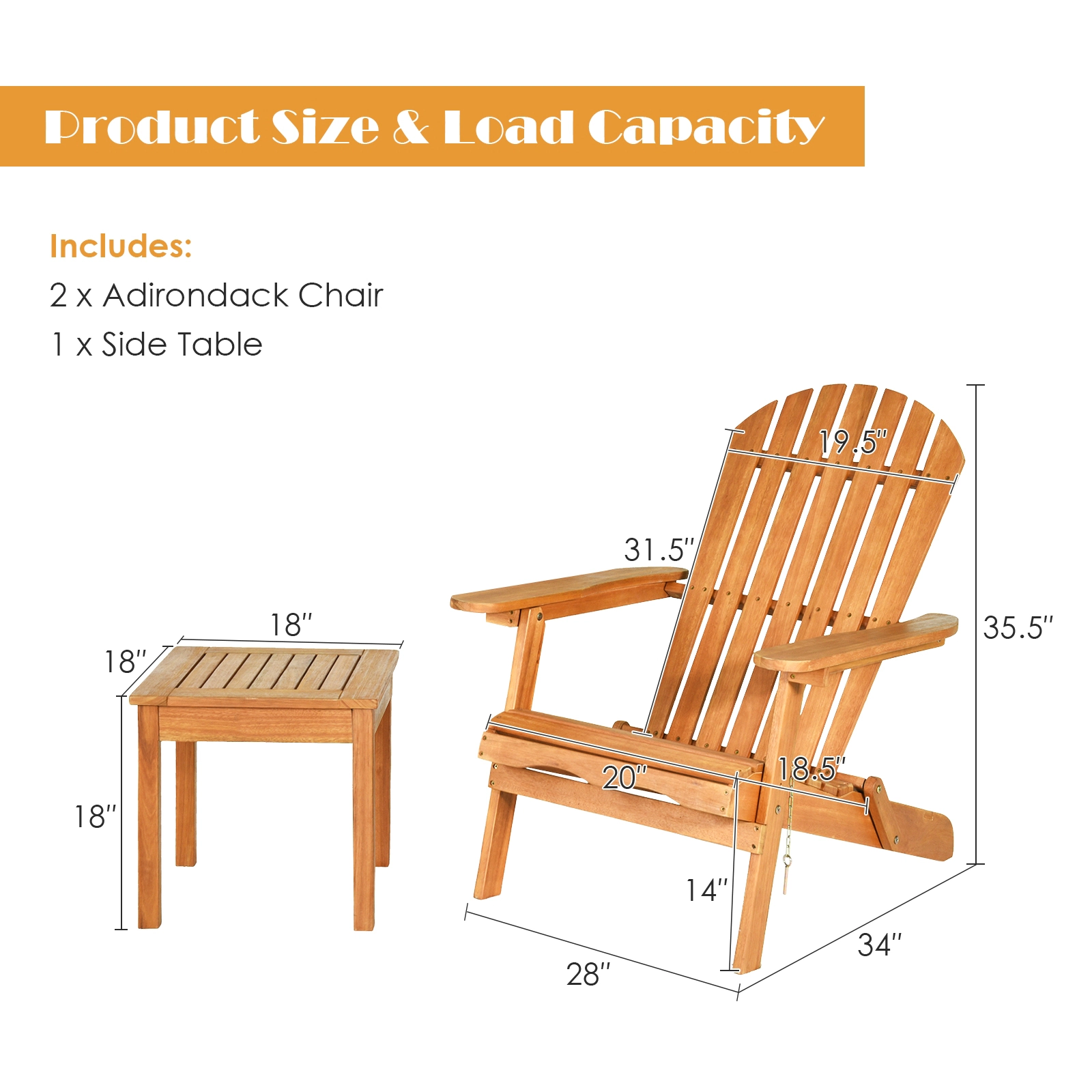 SUGIFT Widened Armrests and Side Table 3-Piece Natural Eucalyptus Adirondack Chair Set