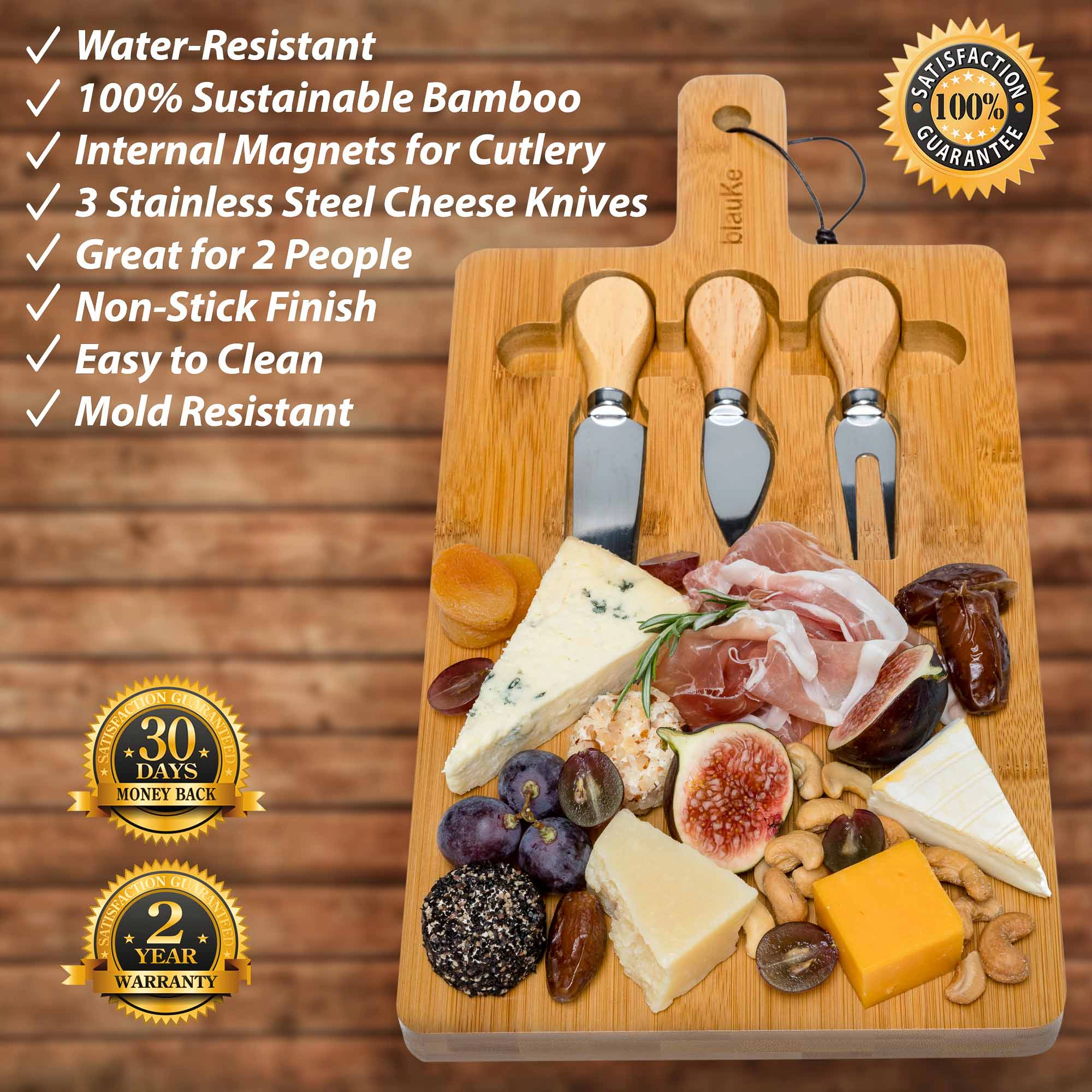 Bamboo Cheese Board and Knife Set - 12x8 inch Charcuterie Board with Magnetic Cutlery Storage - Wood Serving Tray