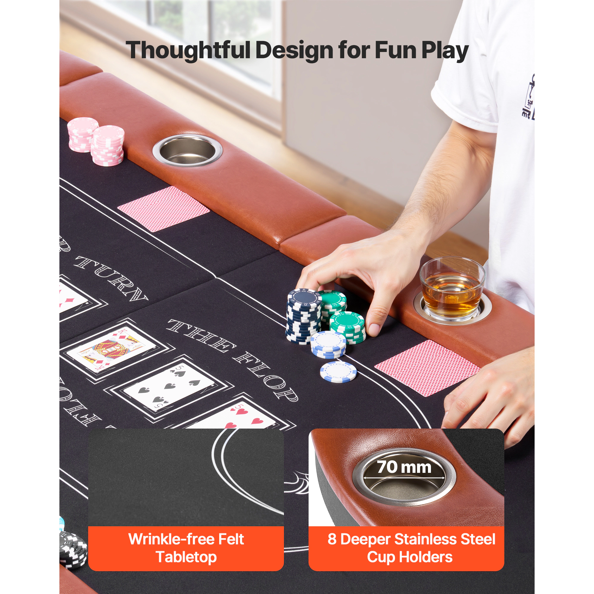HONGGE Foldable Poker Table Player Folding Casino Leisure Table with Padded Rails and Cup Holders Oval Portable Game
