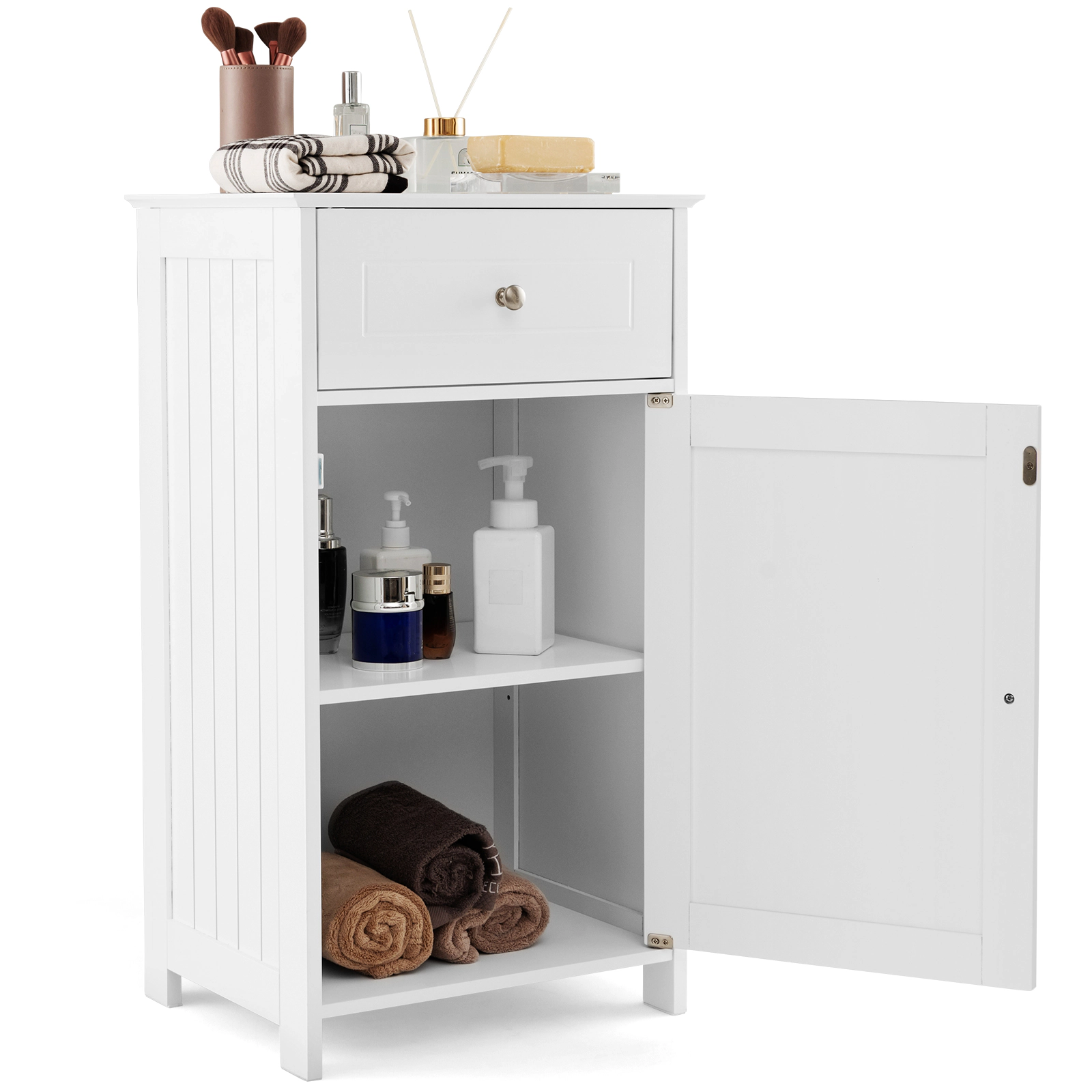 Glintex Freestanding Bathroom Cabinet with Single Door Adjustable Shelf and Drawer, White