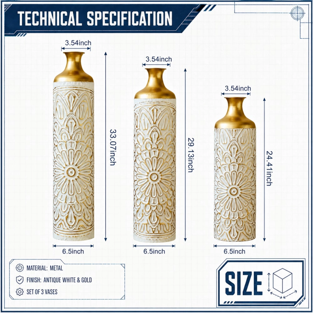 Toemoa Set of 3 Droplet Shaped Floor Metal Vase for Home Decoration
