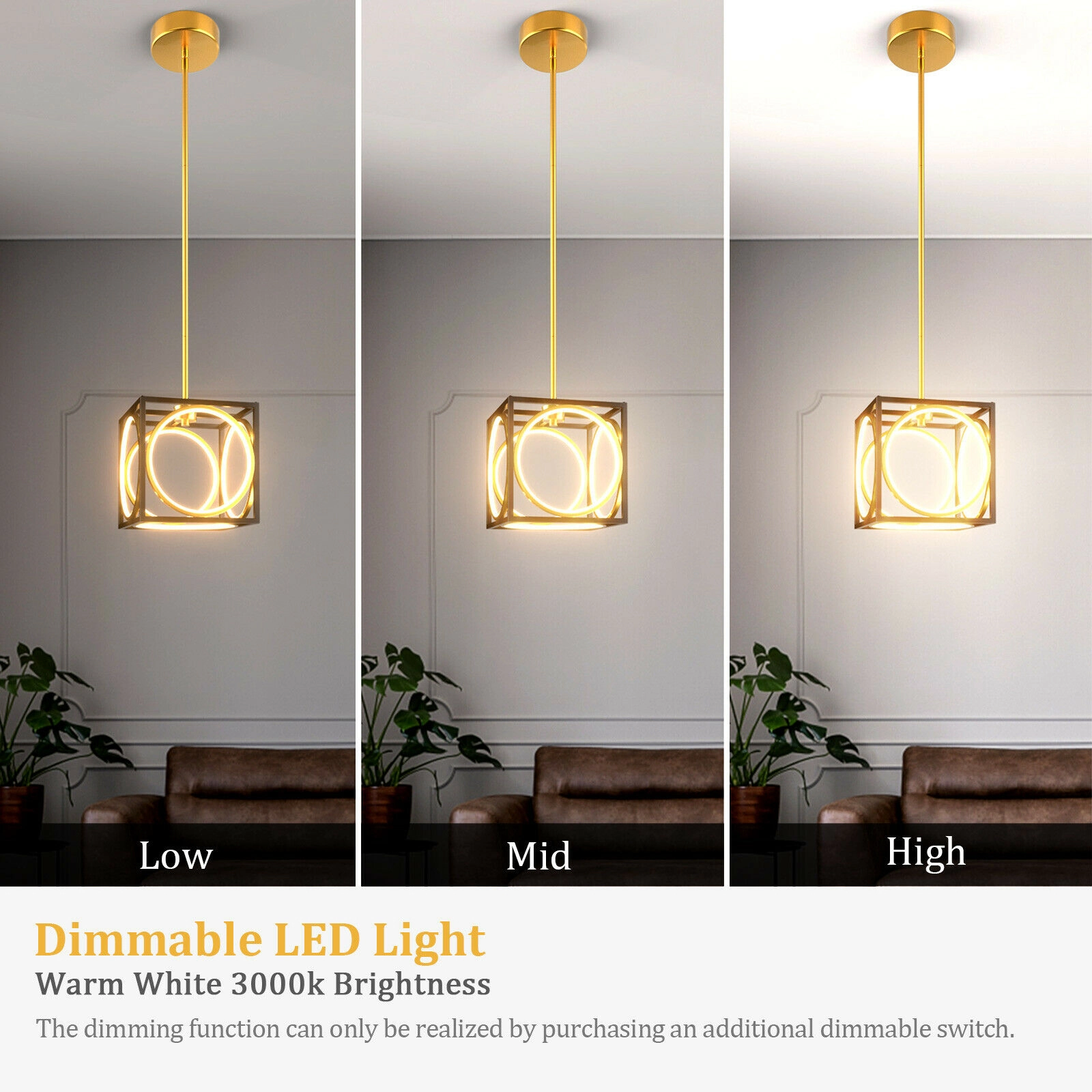 SUGIFT 42-in Adjustable Rod Dimmable 3000K Warm White LED Cube Pendant Light Fixture 10-in x 10-in 20W Golden