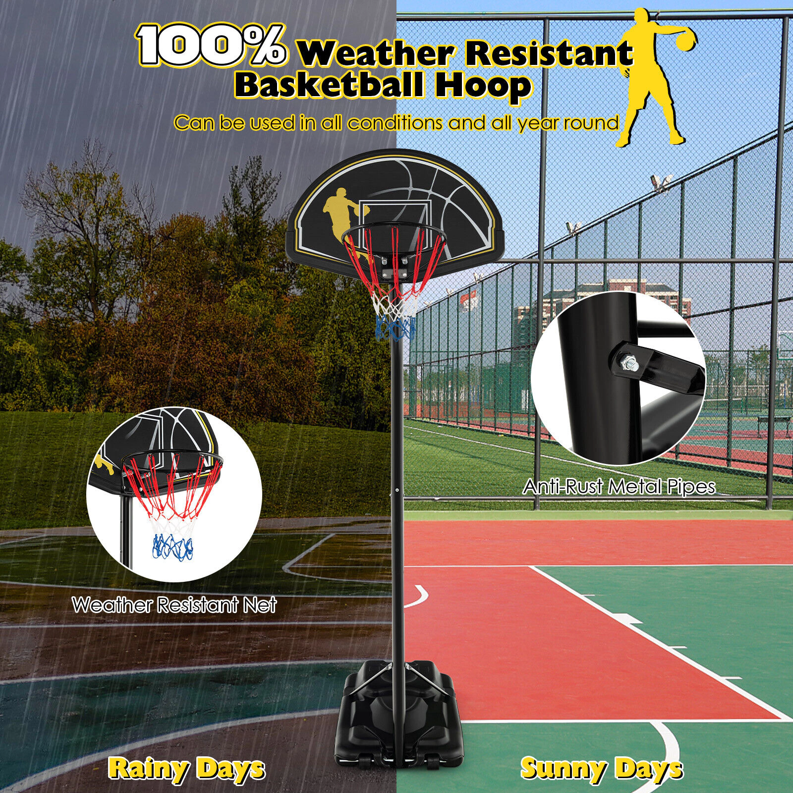 SUGIFT Adjustable Basketball Goal Hoop System 4.25-10 ft Height Range with 43.5-in Backboard and 18-in Rim Black