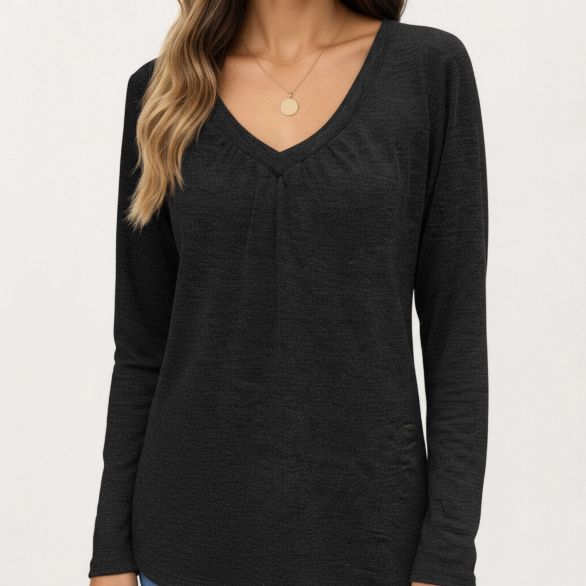 Anna-Kaci Women's V-Neck Front Pleat Relaxed Fit Long Sleeve Top
