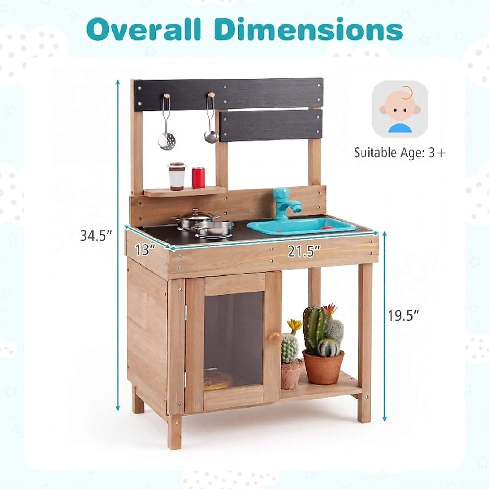 SUGIFT Natural Stove Top Storage Cabinet and Water Circulation Kids Wooden Pretend Play Kitchen