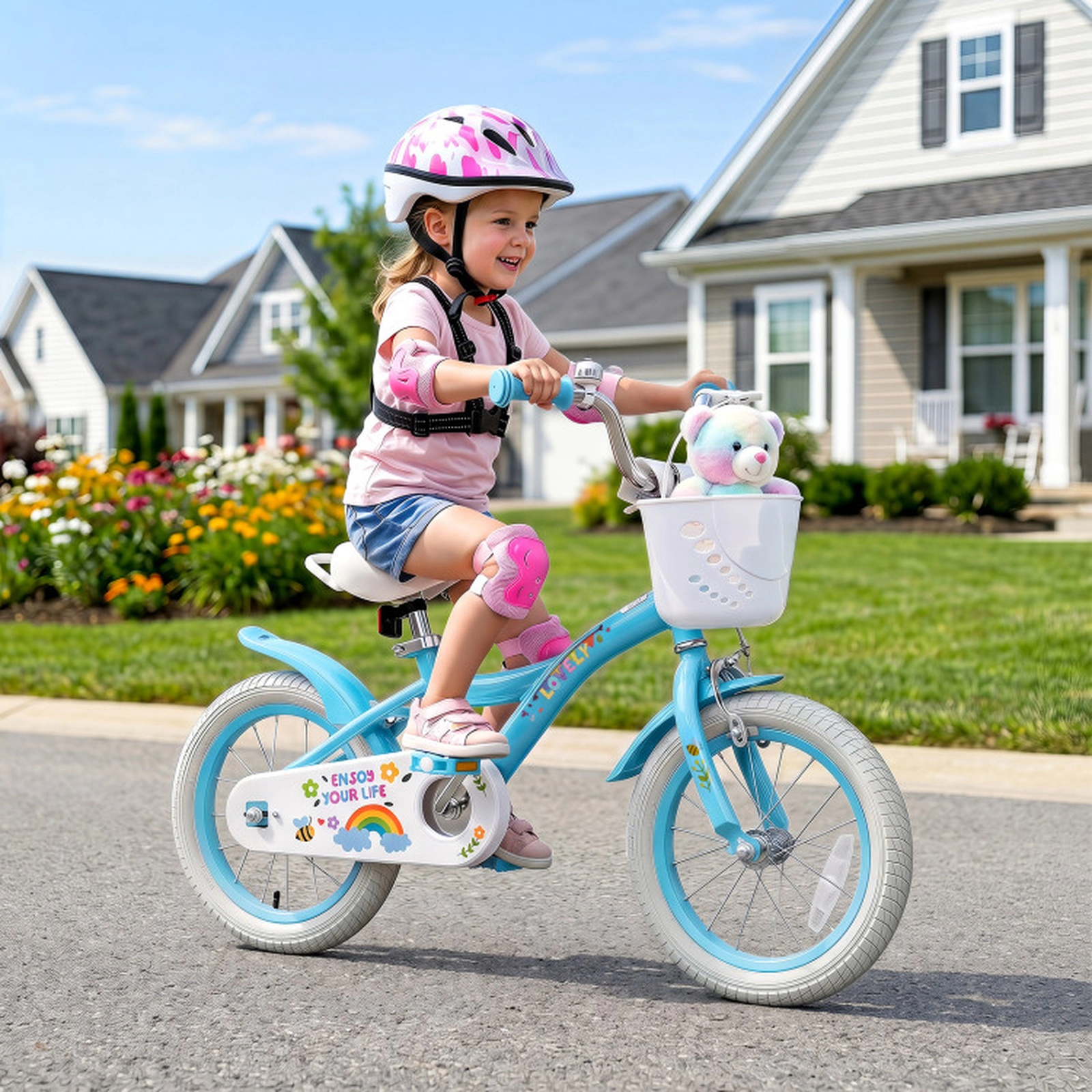 SUGIFT Adjustable 14-In Girls Bike with Training Wheels, Basket and Bell 110-lb Seat Capacity Ages 3-5 Blue