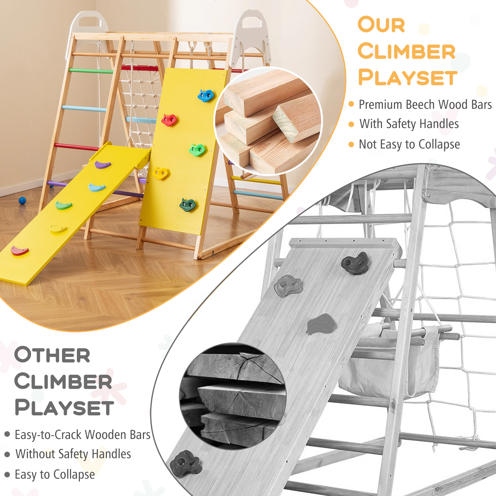 SUGIFT 8-in-1 Wooden Jungle Gym Playset with Slide and Monkey Bars 530-lb Capacity Ages 1+ Multicolor/Natural