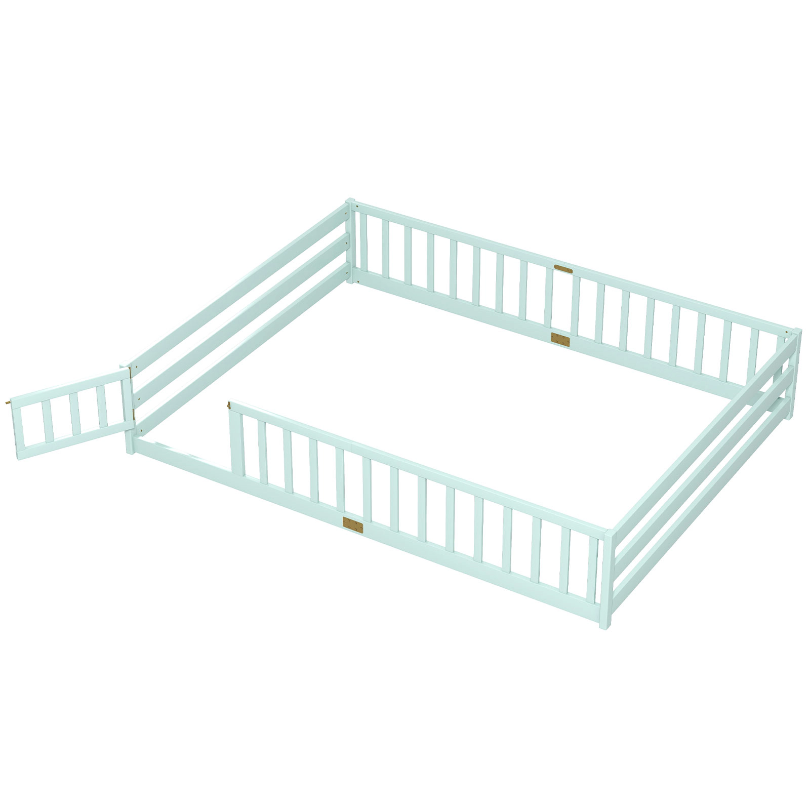 SUGIFT Queen Size Montessori Floor Bed Frame with Full-Length Safety Guardrails and Lockable Door Toddler Bed Green