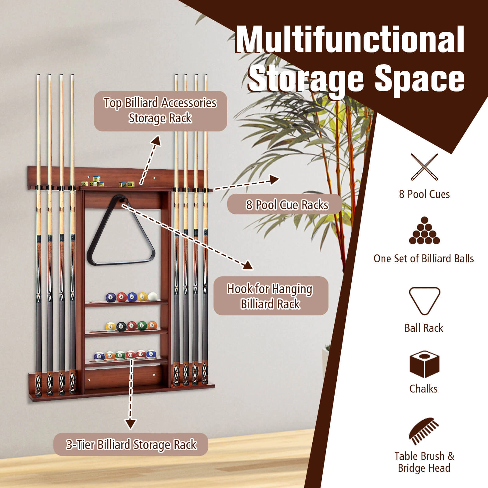 SUGIFT Brown Wall Mounted Billiard Pool Cue Rack with 3-Tier Ball Grooves 31-in W 3-in D 36-in H 11-lb Per Shelf