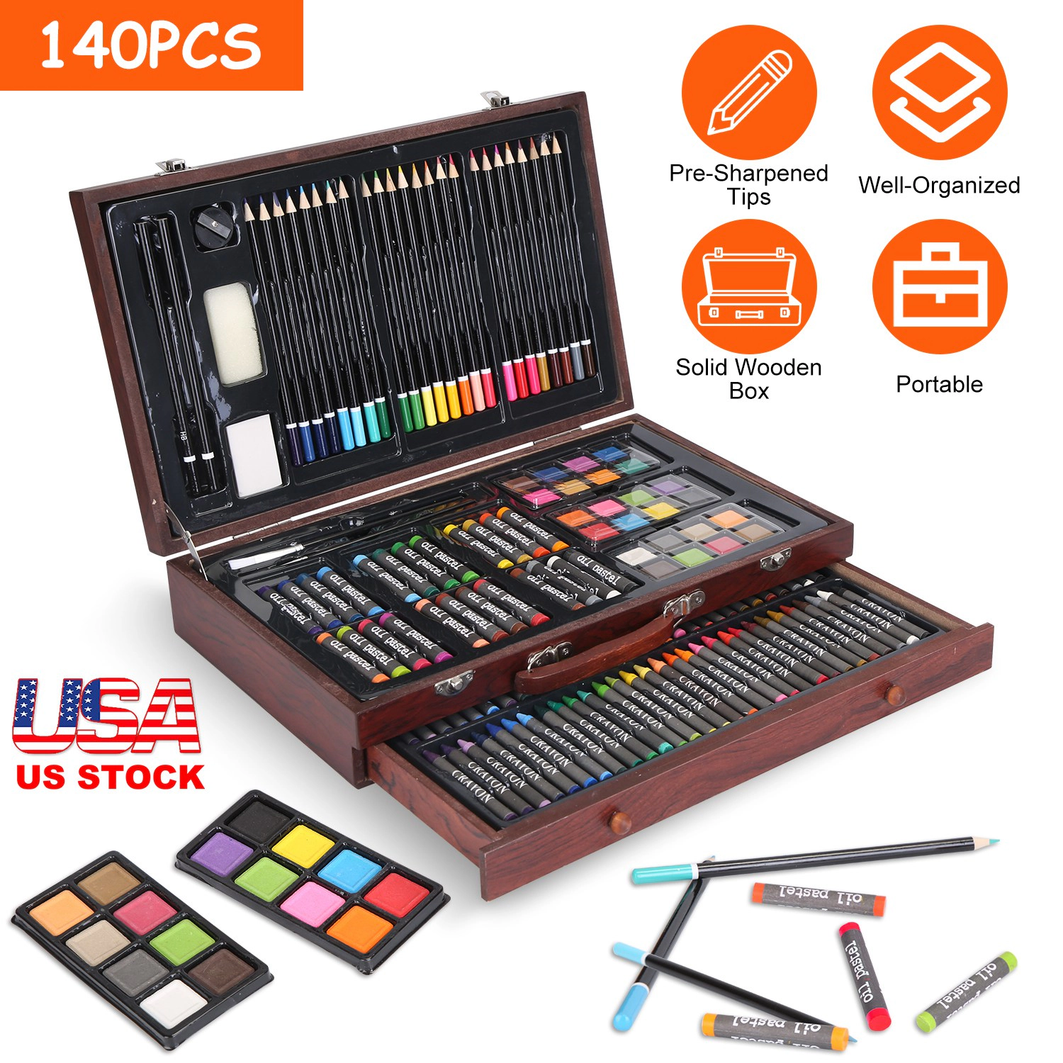 GBruno 140-Piece Wooden Box Art Supply Set