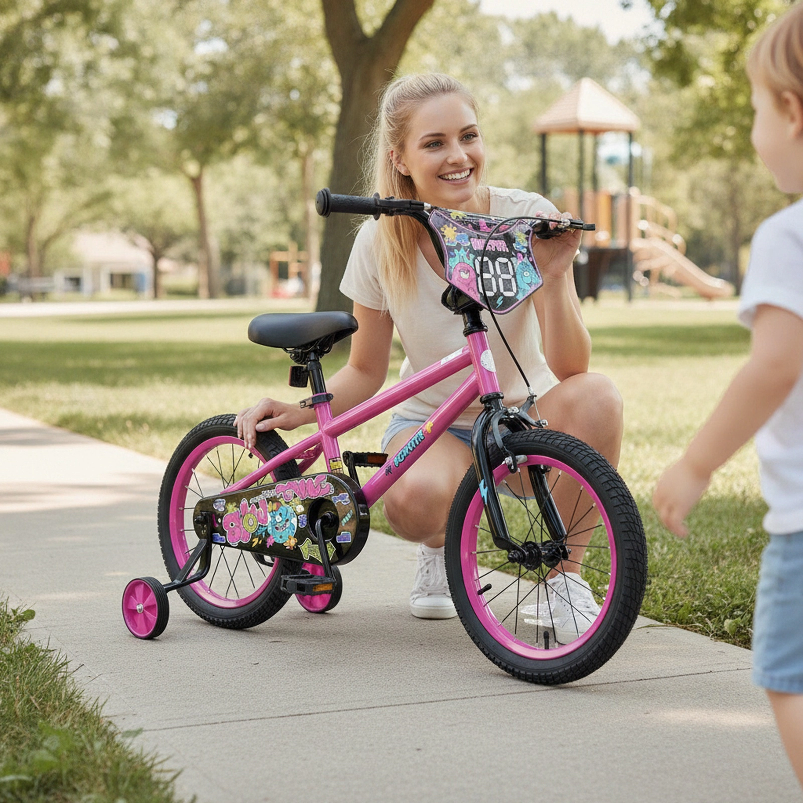 16-in Girls Bike with Training Wheels Tool-Free Seat Clamp and Sealed Chain Cover for Ages 4-7 Number Plate Kids Bicycle