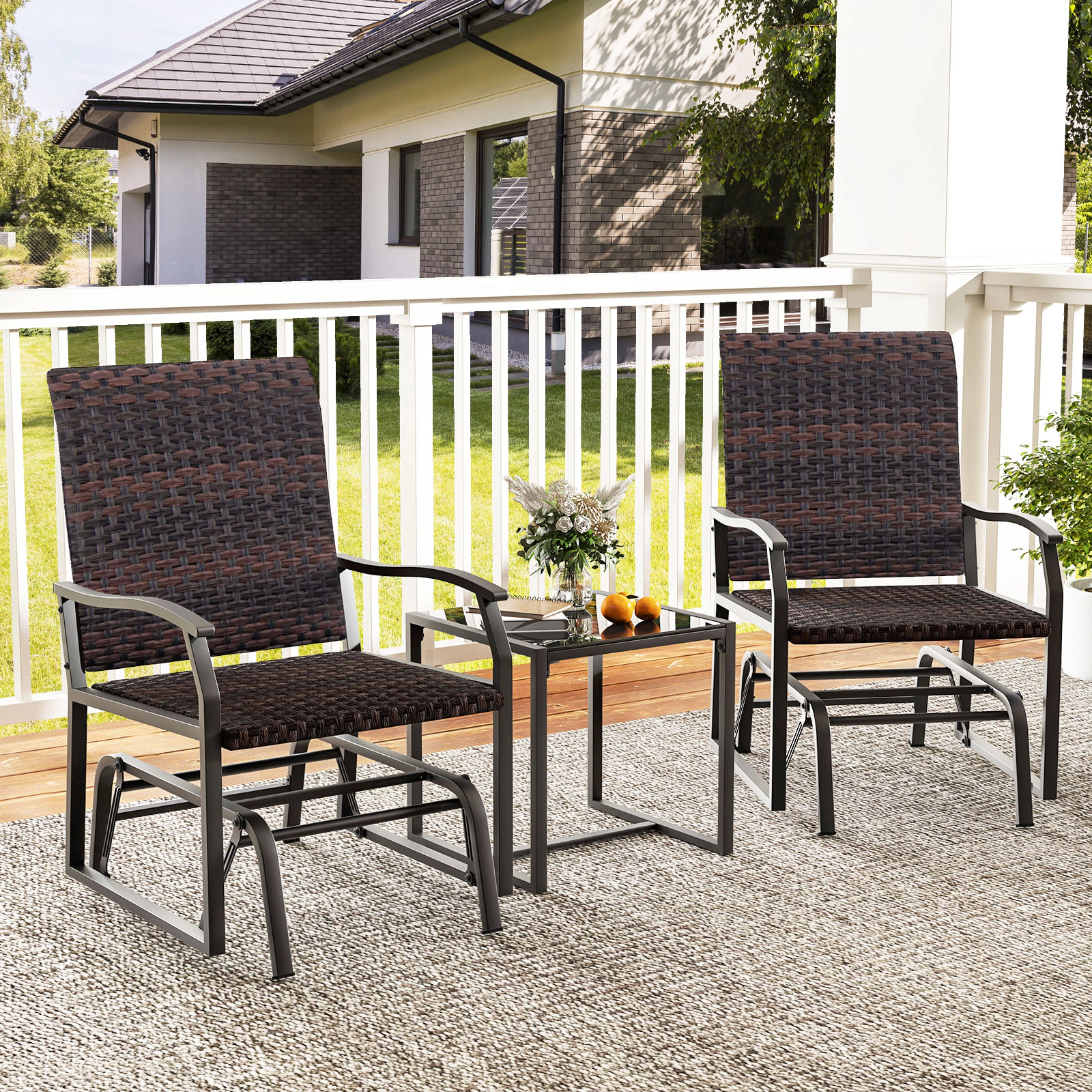 LJG 3 Piece Patio Gliding Set with Tempered Glass Coffee Table All Weather