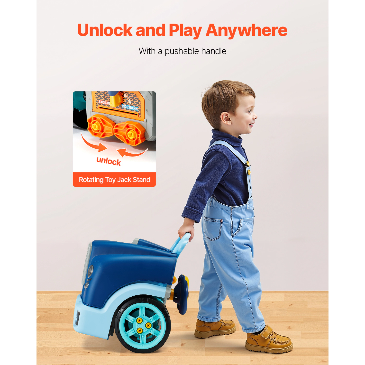HONGGE Engine Toy 60 Pieces Kids Mechanic Car Repair Set with Removable Parts Lights and Sounds Steering Wheel Horn