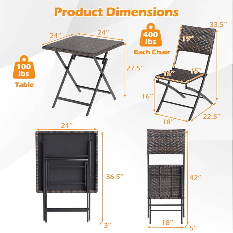 Hivvago 3 Piece Rattan Bistro Set Outdoor Folding Dining Table And Chairs With Wicker Seat