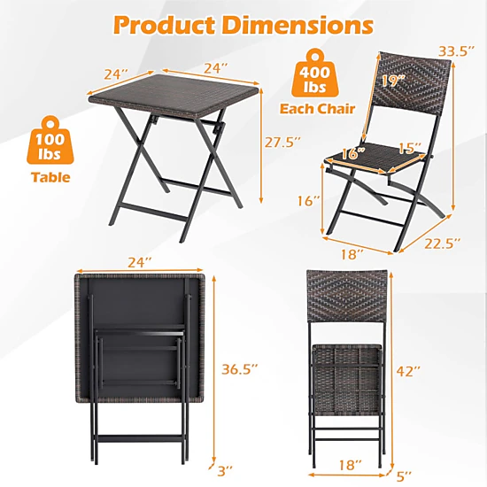 Hivvago 3 Piece Rattan Bistro Set Outdoor Folding Dining Table And Chairs With Wicker Seat