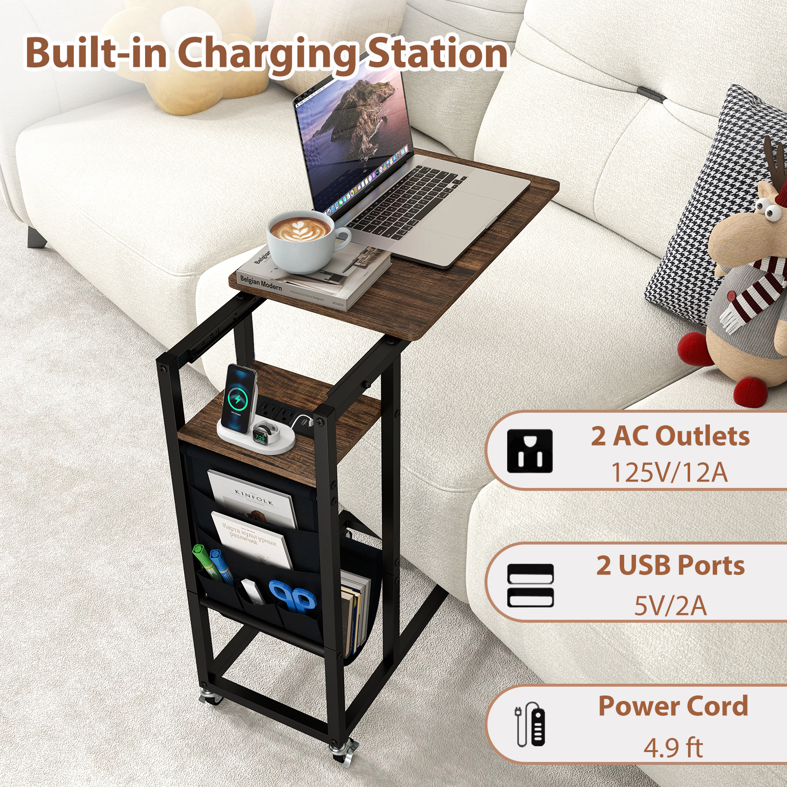 SUGIFT C-Shaped End Table Coffee with Charging Station Retractable Top and Wheels