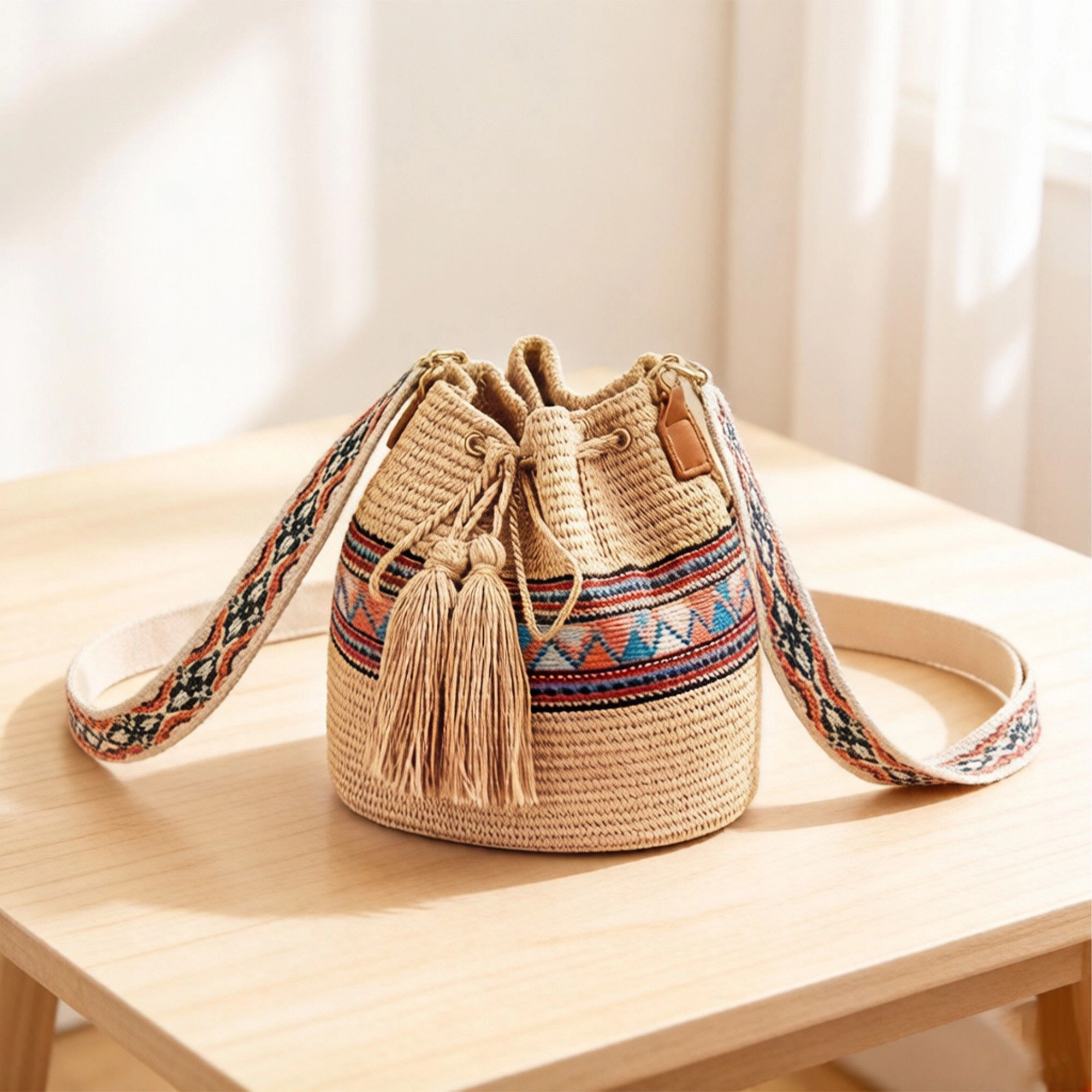 Alilang Women's Woven Straw Bucket Bag with Pattern Strap Drawstring Closure Tassel Detail Crossbody Handbag