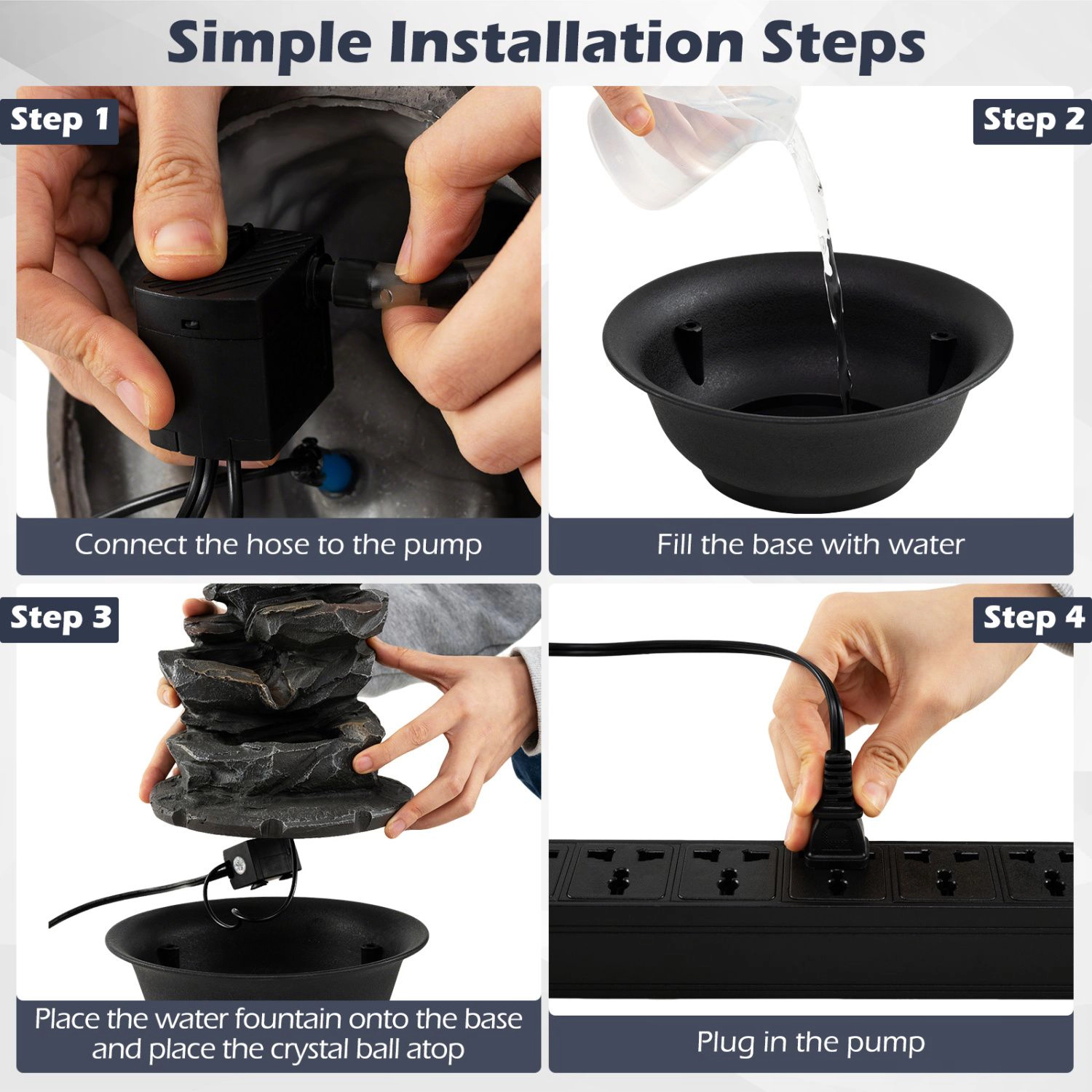 SlickBlue Black Indoor Water Fountain, Resin Cascade Design, LED Light, Quiet Pump, Compact Decor