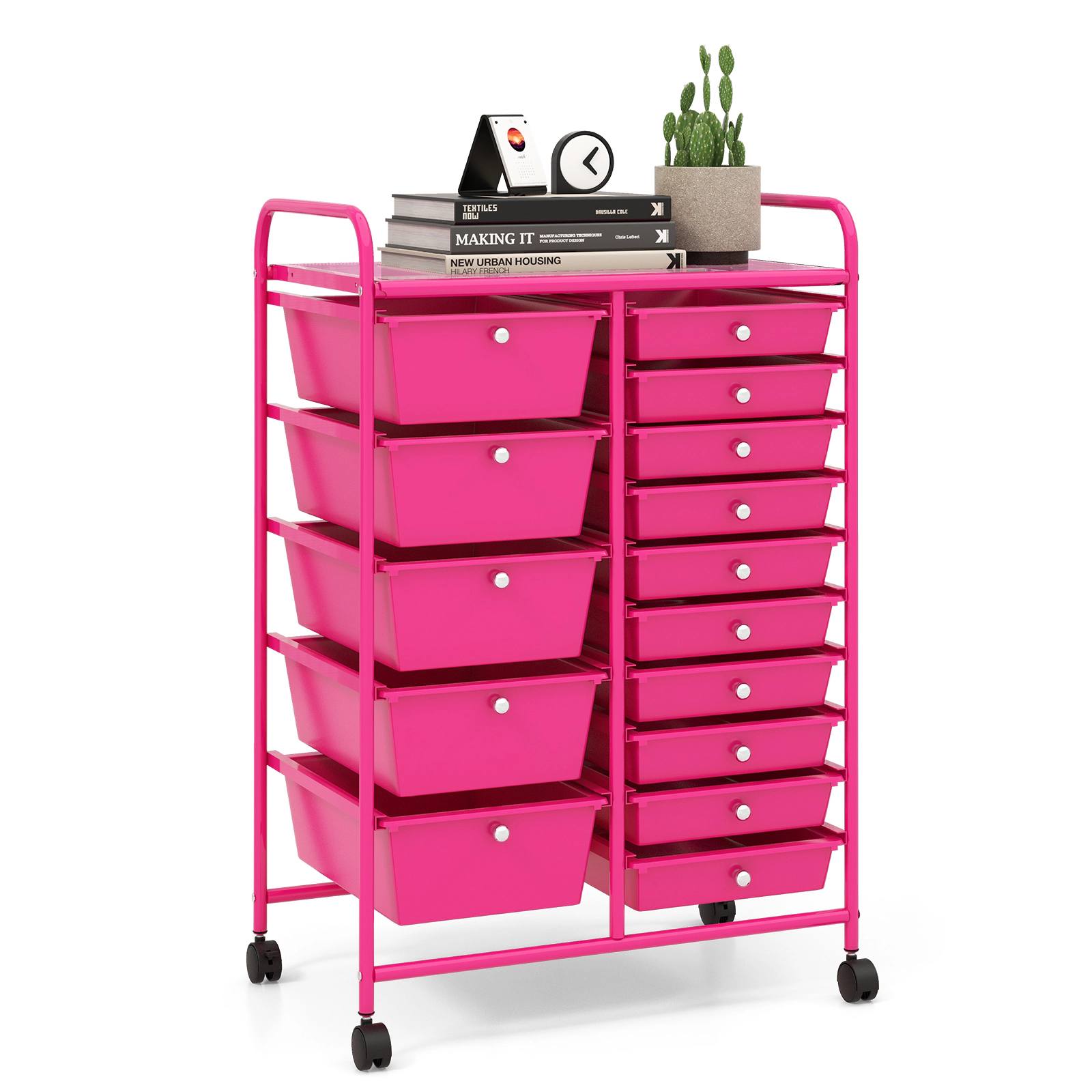 SUGIFT 15-Drawer Rolling Utility Organizer Cart with Removable Plastic Drawers 22-lb Top Capacity Pink
