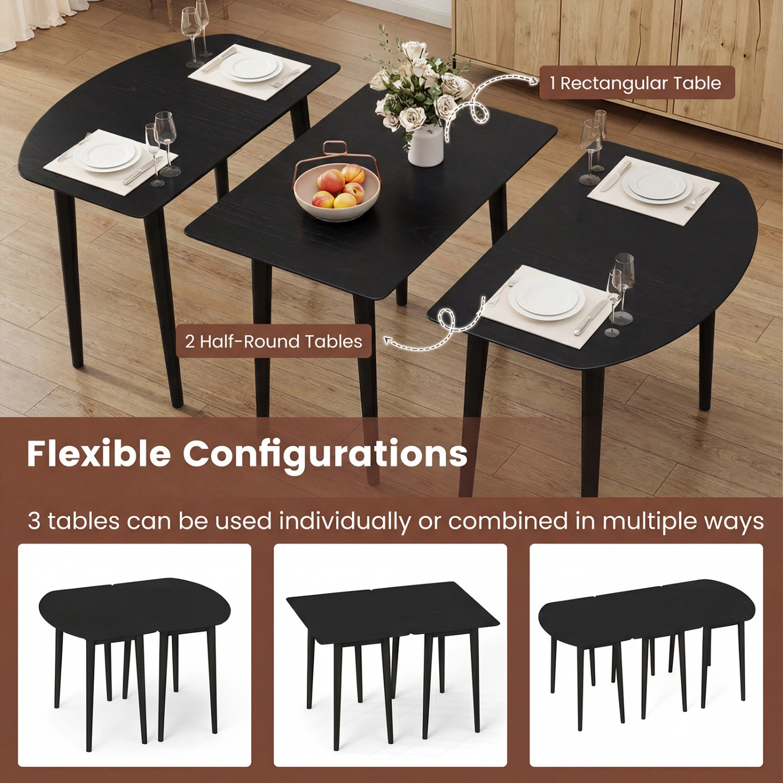 SUGIFT Black Modular Oval Dining Table Set, 2 Half-Round Tables for 4 to 6