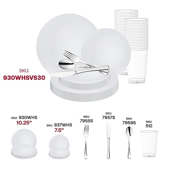 Smarty Had A Party White with Silver Rim Organic Round Disposable Plastic Wedding Value Set