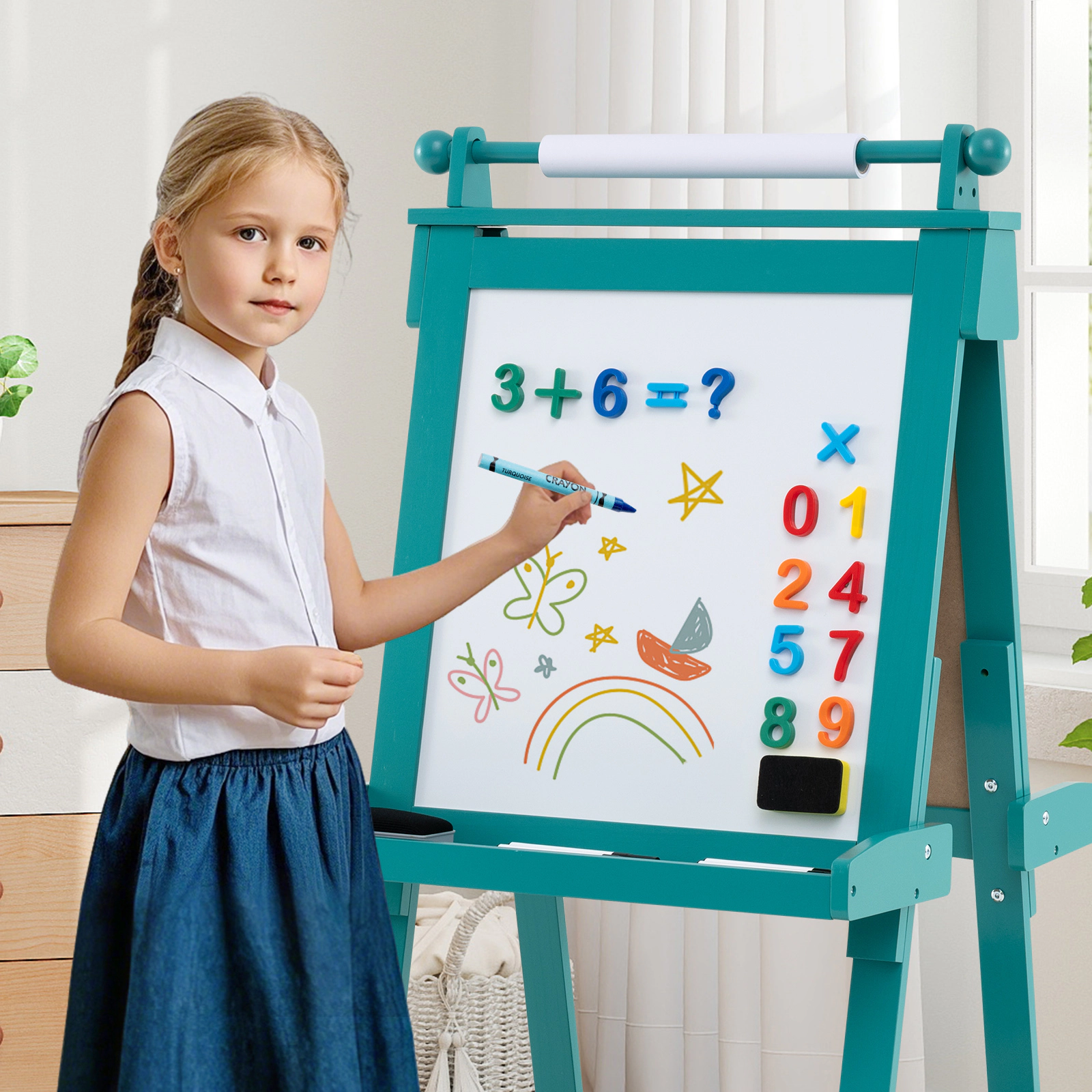 3-in-1 Double-Sided Chalkboard Easel for Kids Easy-Erase Magnetic Whiteboard 16.4-ft Replaceable Paper Roll Green