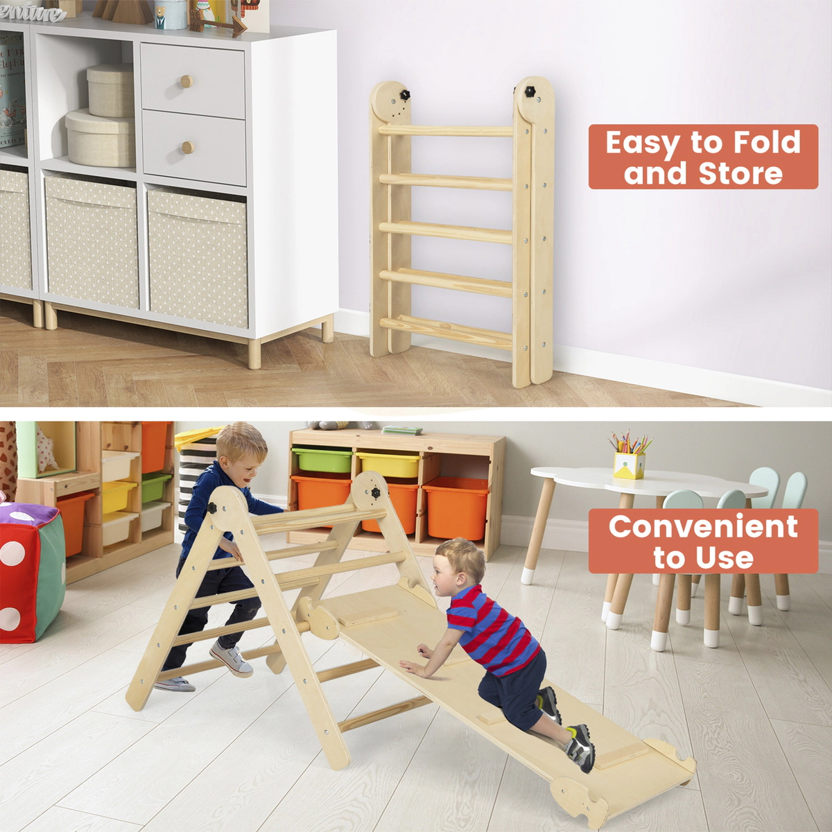 SUGIFT Foldable Adjustable 3-in-1 Kids Triangle Climbing Set 132-lb Capacity Ages 3+ Colorful/Natural Ladder Ramp Single
