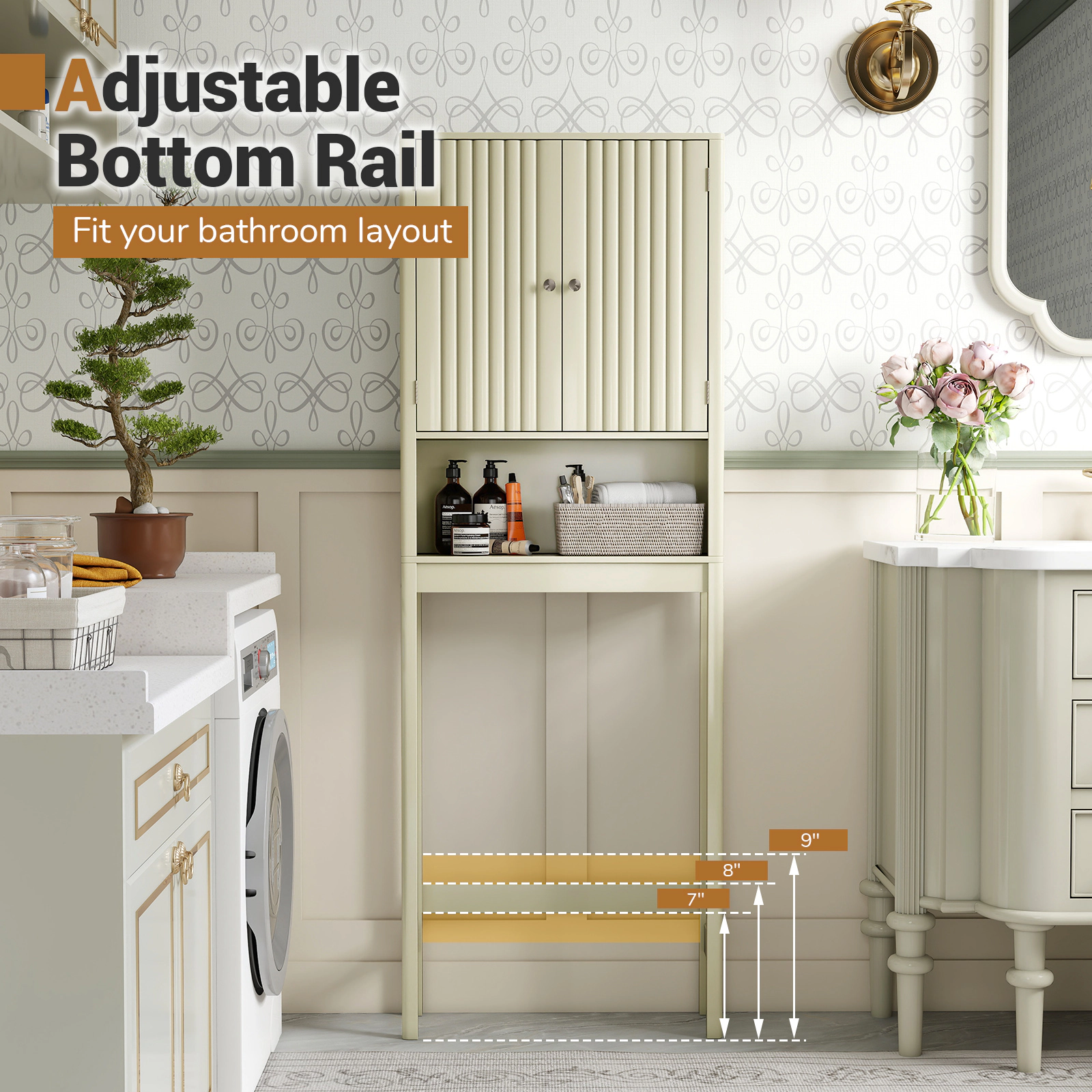 Slickblue Over The Toilet Bathroom Storage Cabinet with Fluted Doors and Adjustable Shelf