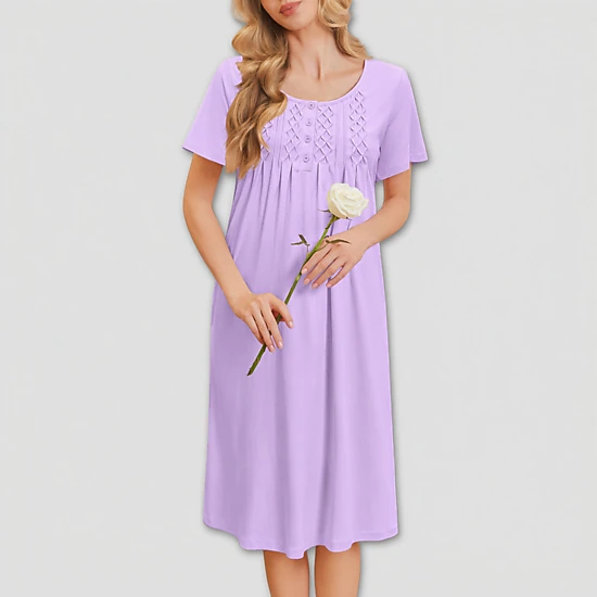 Ekouaer Cotton Nightgowns House Dress Pleated Night Gown Button Sleep Shirt Ladies Nightdress