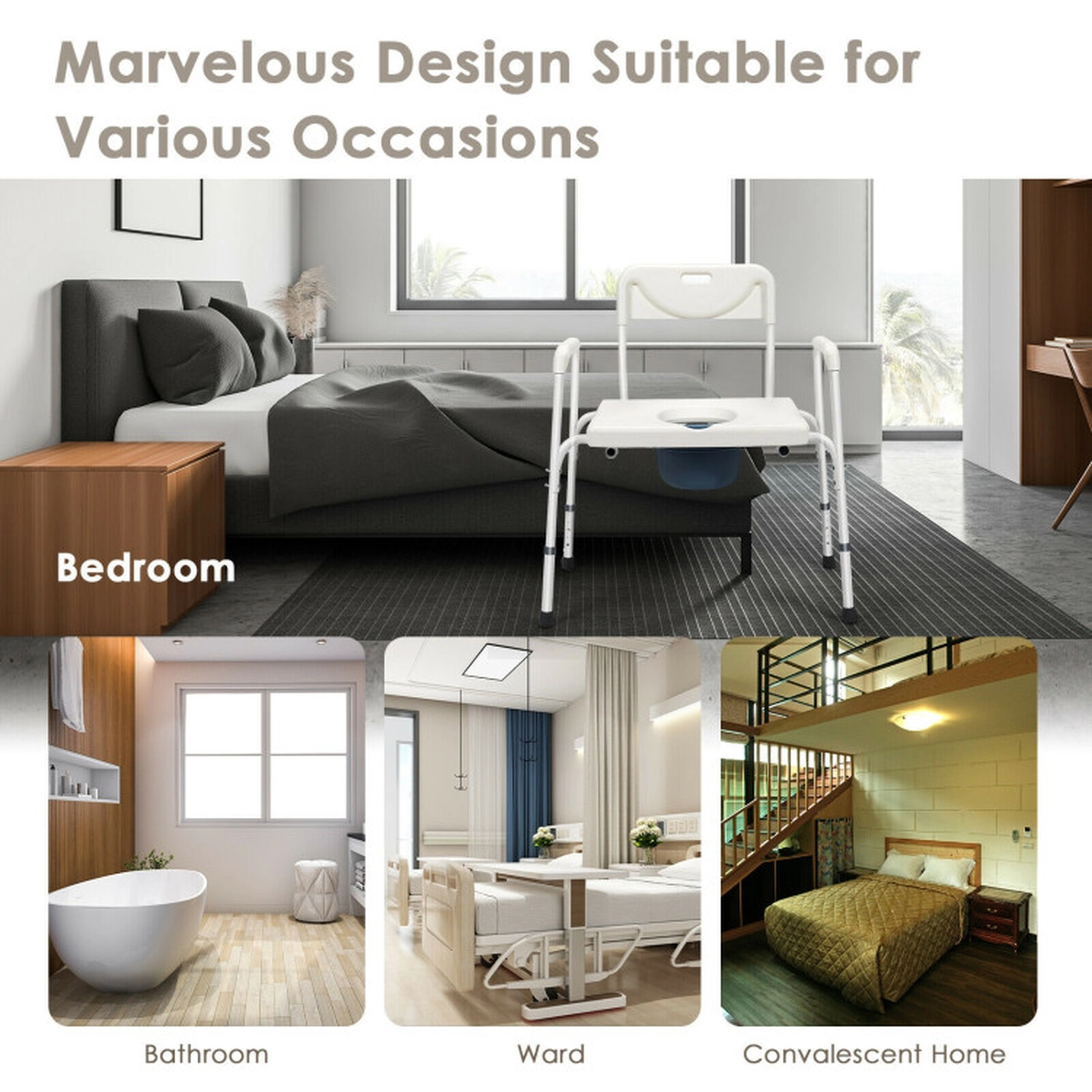 SUGIFT 3-in-1 Bedside Commode Portable Toilet Chair Bench 300-lb Capacity Adjustable Height White