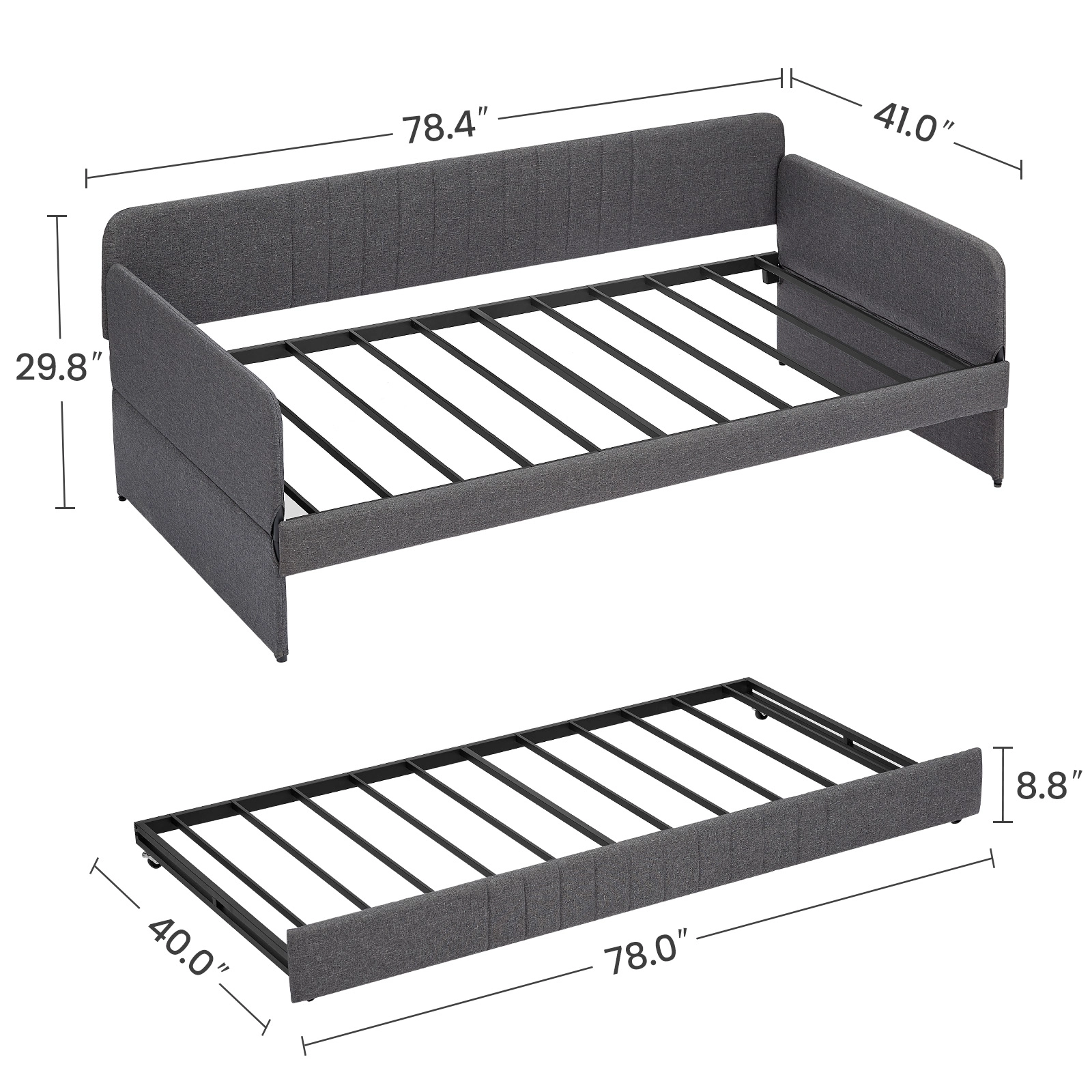 Flynama Twin Daybed Sofa Bed with Trundle, Metal Frame, Grey (78.4"L x 41"W x 29.8"H reference noted)