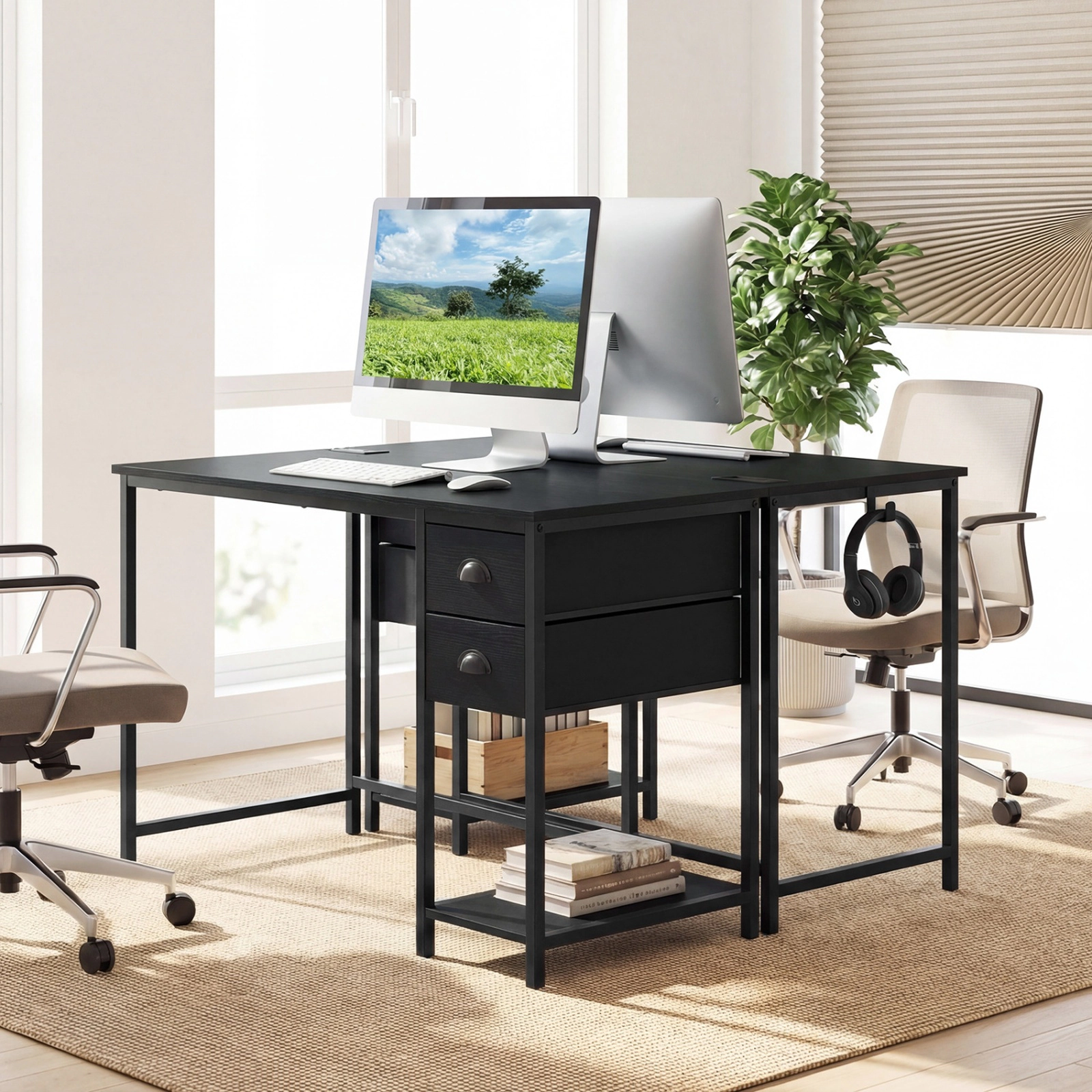 SUGIFT 38-Inch Computer Desk with Fabric Drawers, Charging Station, Shelf and Headset Hook